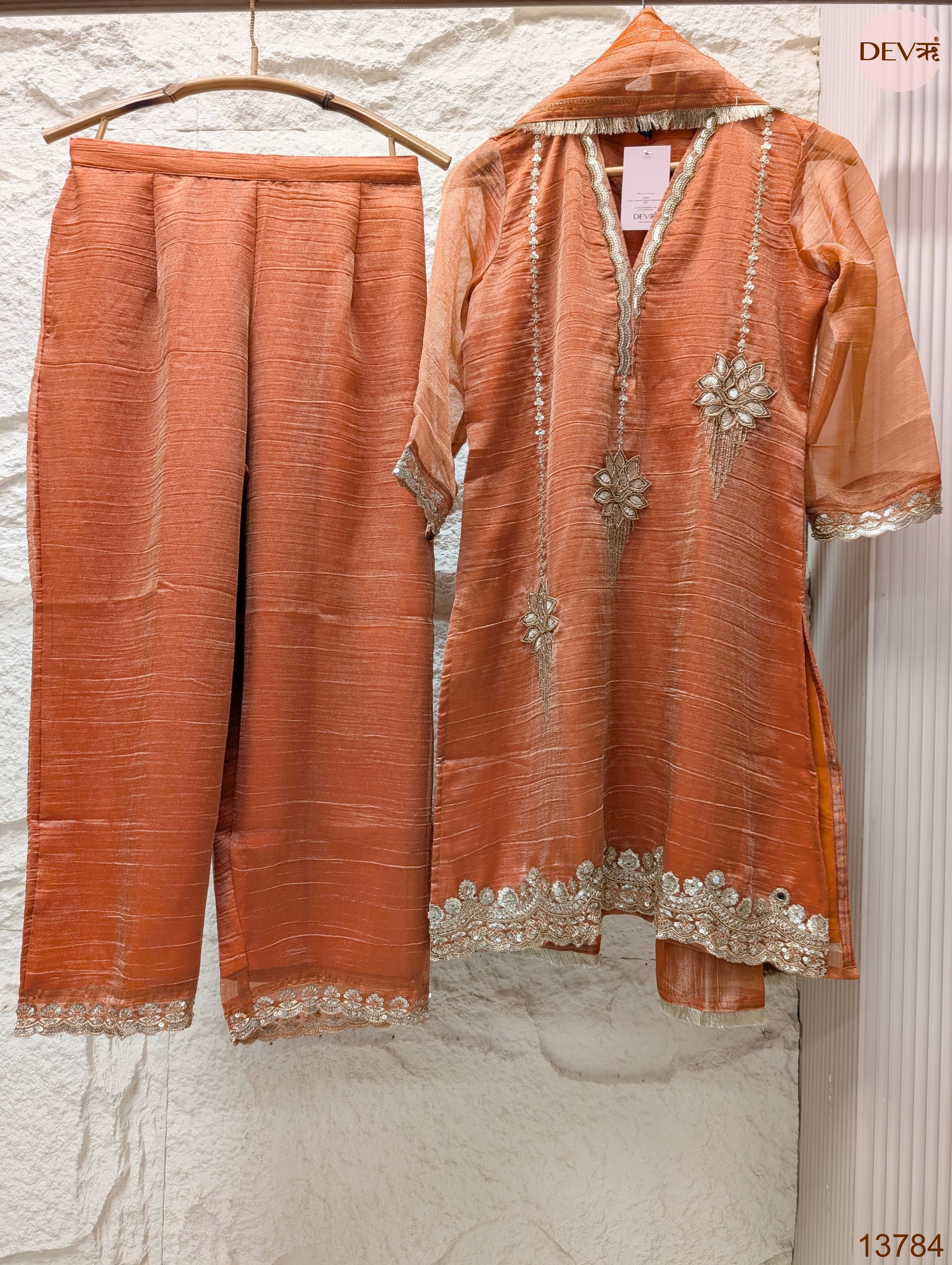 Gulnaar Tissue Silk Embroidered Rust 3-Piece Set (Devri – D.No 13784)