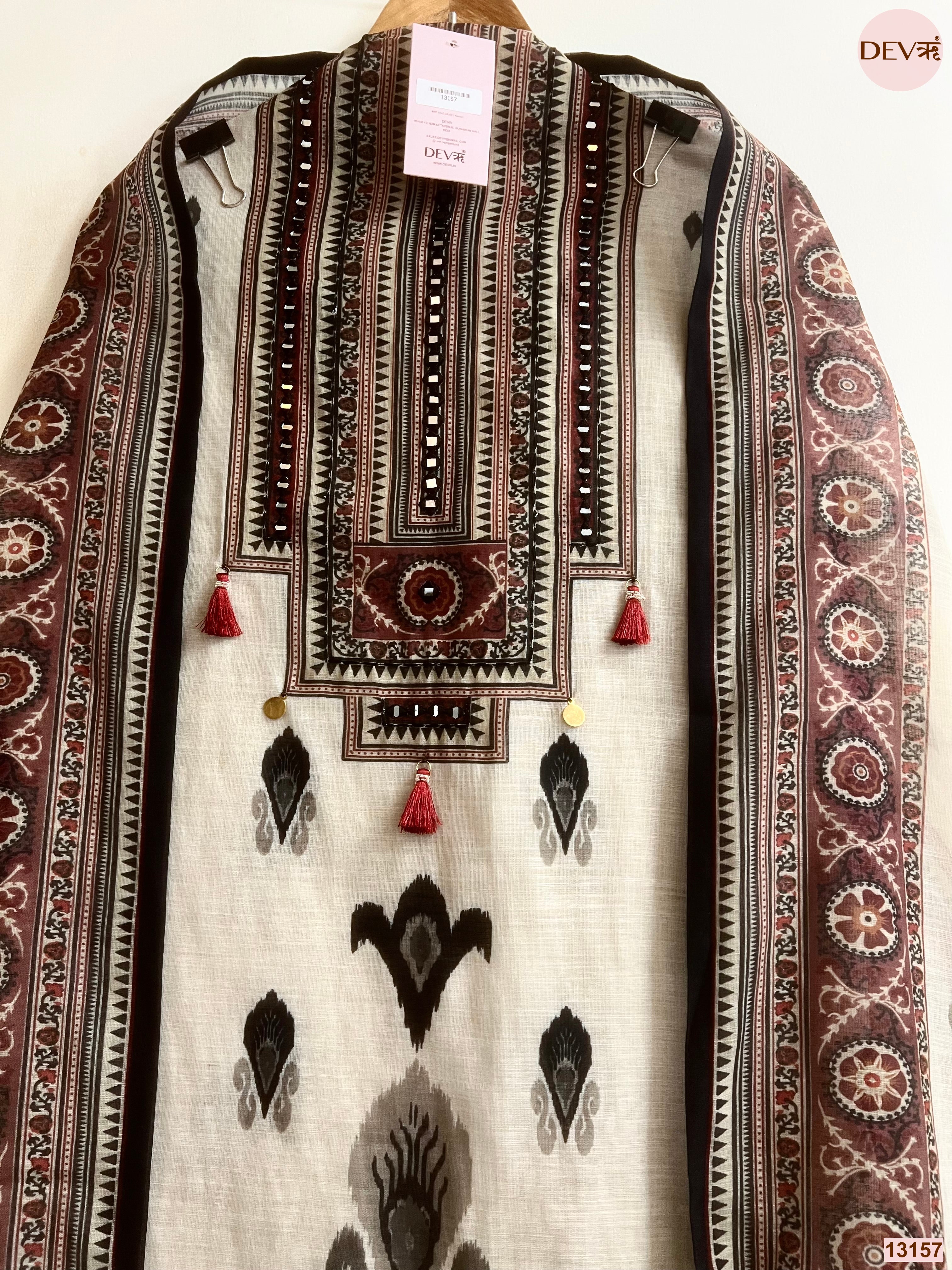 Cream Linen Cotton Printed Unstitched 3-Piece Suit (Devri – D.No 13157)