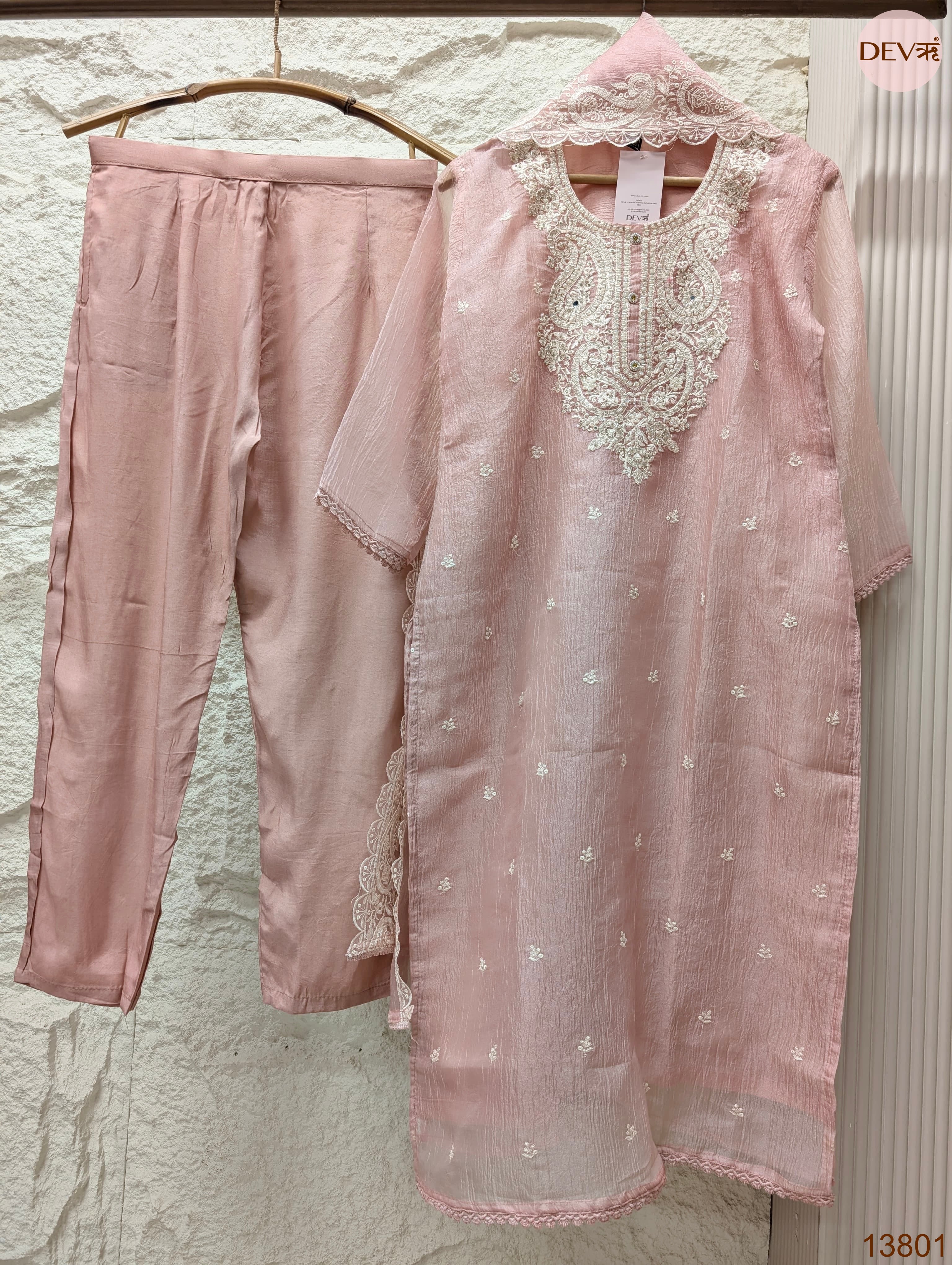 Gulnaar Crushed tissue silk Embroidered Blush Pink 3-Piece Set (Devri – D.No 13801)