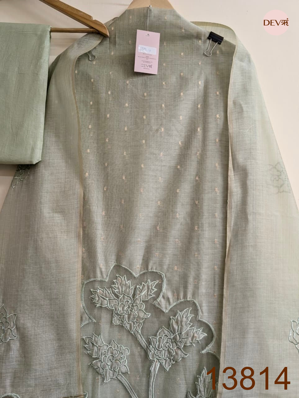 Sage Mul Chanderi Embroidered Unstitched 3-Piece Suit (Devri – D.No 13814)