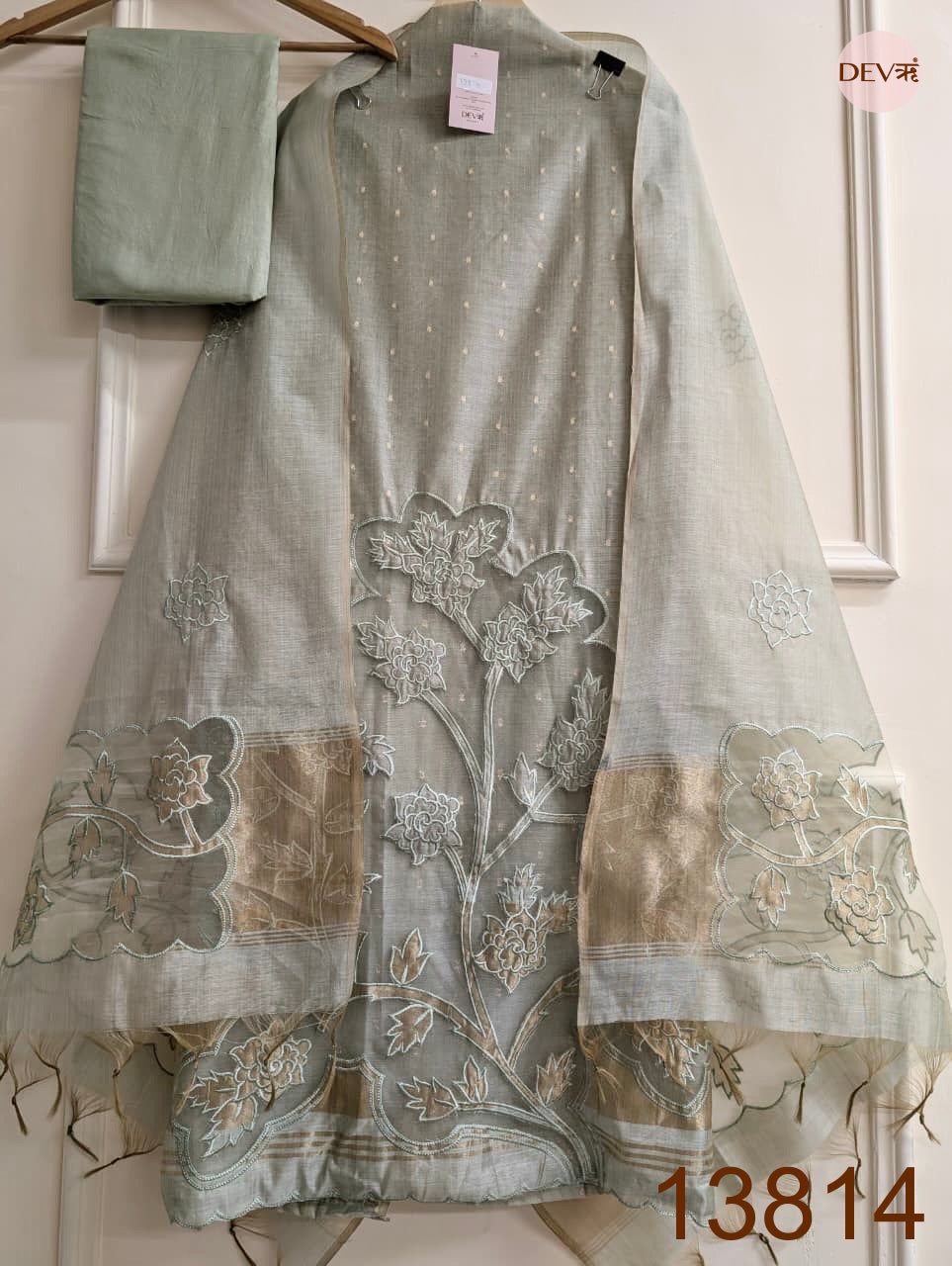 Sage Mul Chanderi Embroidered Unstitched 3-Piece Suit (Devri – D.No 13814)