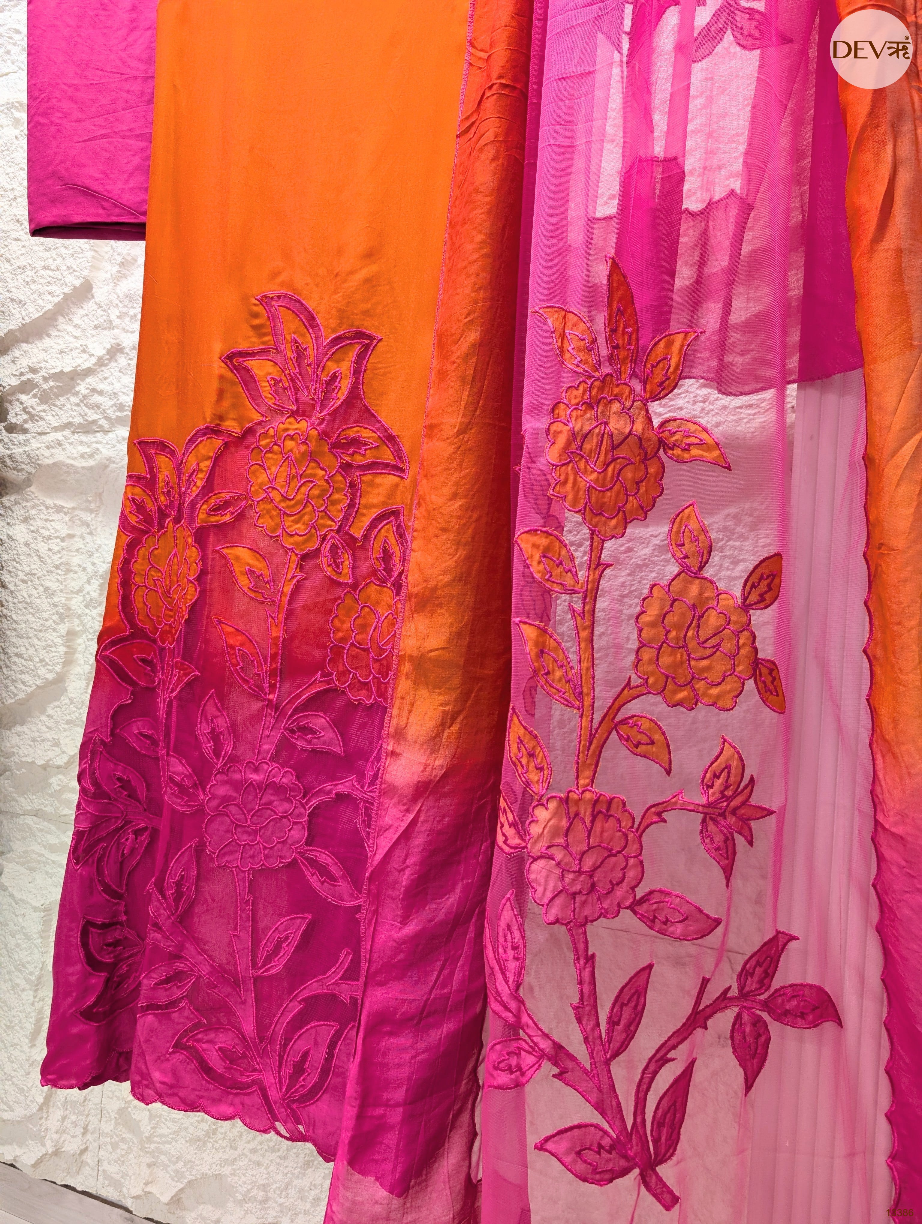 Orange Muslin Embroidered Unstitched 3-Piece Suit (Devri – D.No 13386)