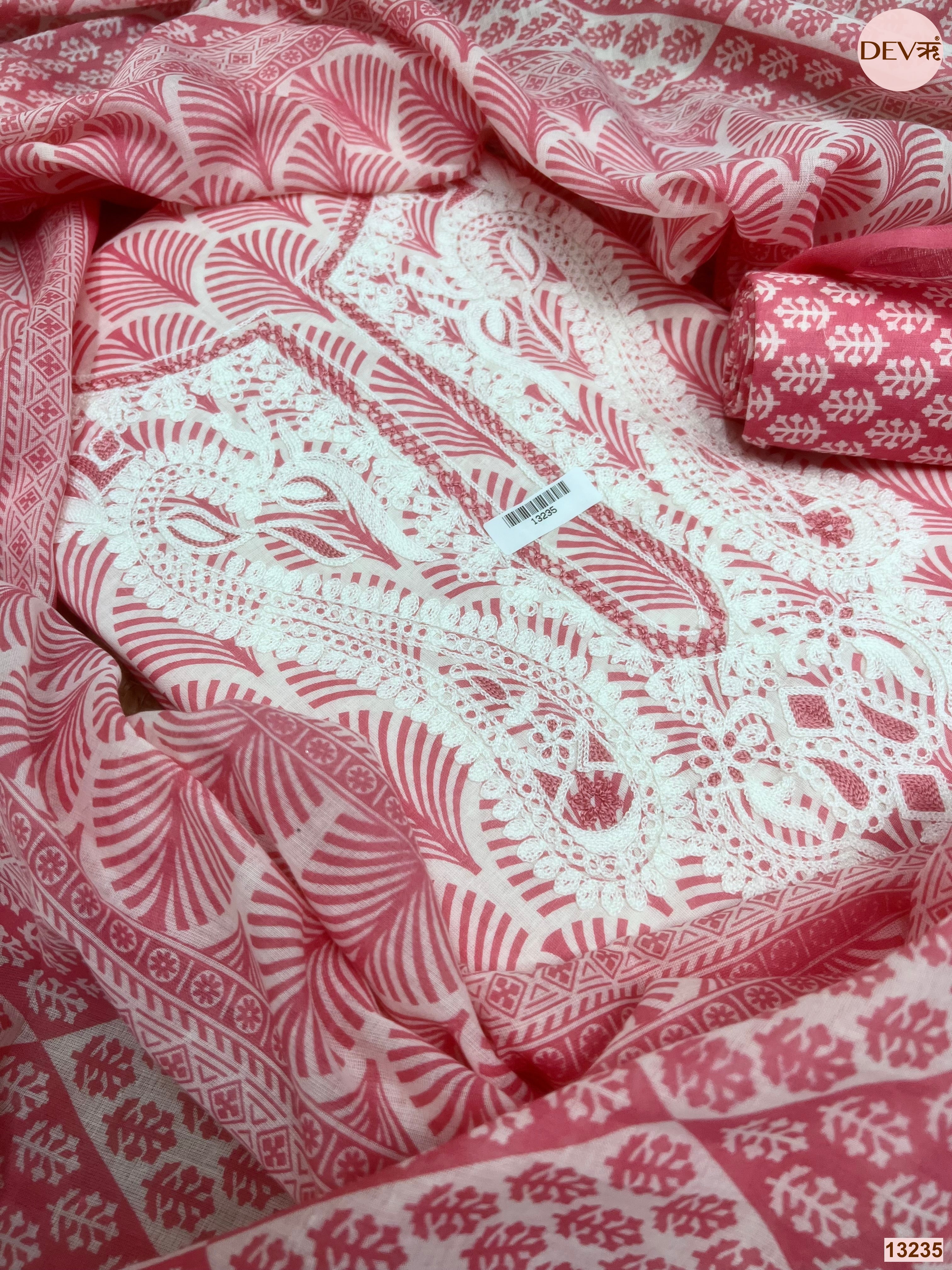 Pink Cotton Printed Unstitched 3-Piece Suit (Devri – D.No 13235)