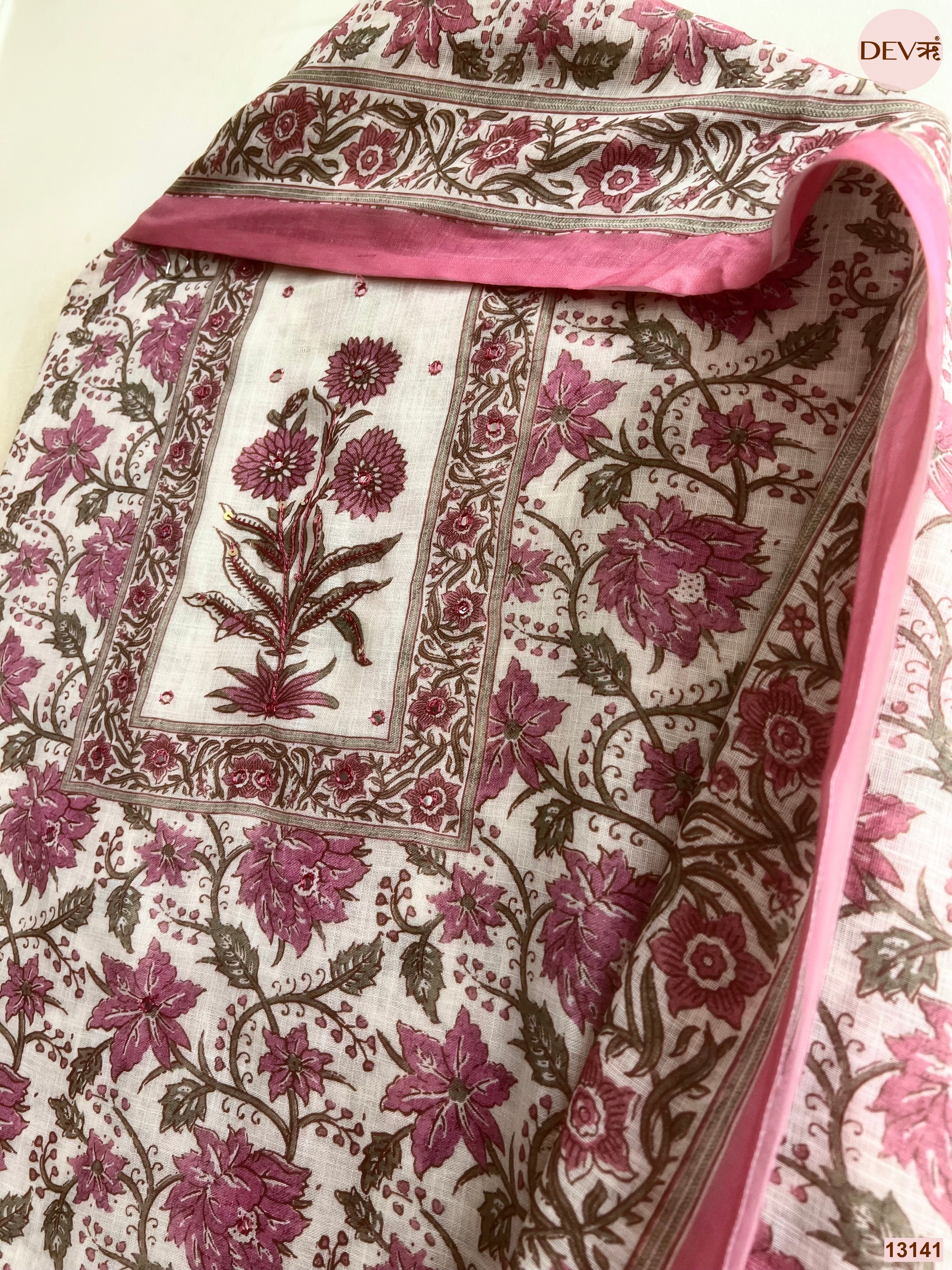 Pink Linen Printed Unstitched 3-Piece Suit (Devri – D.No 13141)
