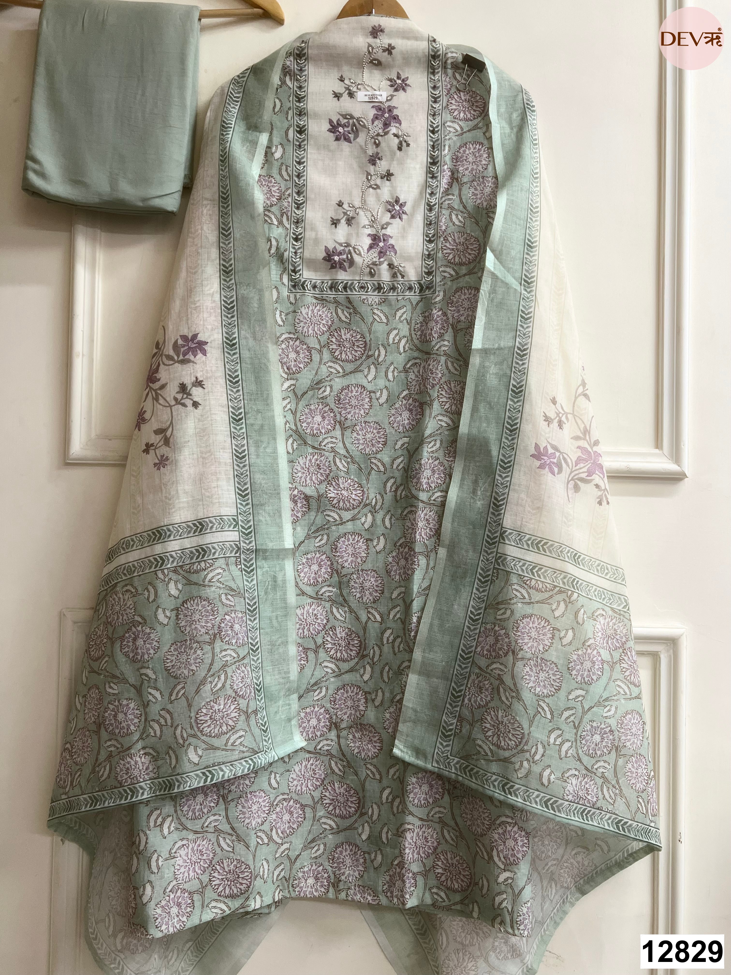 Sage Green Linen Cotton Printed Unstitched 3-Piece Suit (Devri – D.No 12829)