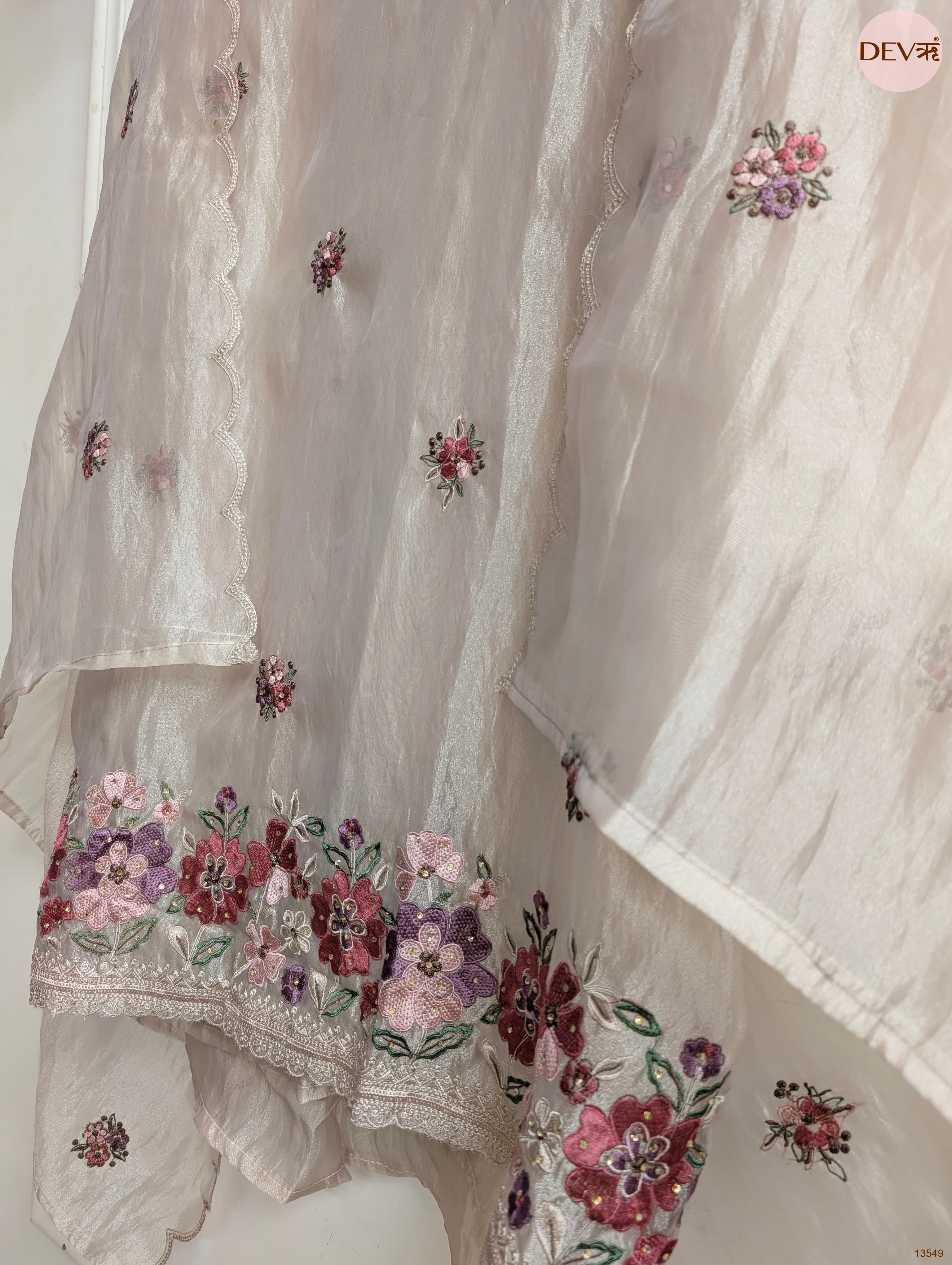 Beige Tissue Organza Silk Embroidered Unstitched 3-Piece Suit (Devri – D.No 13549)