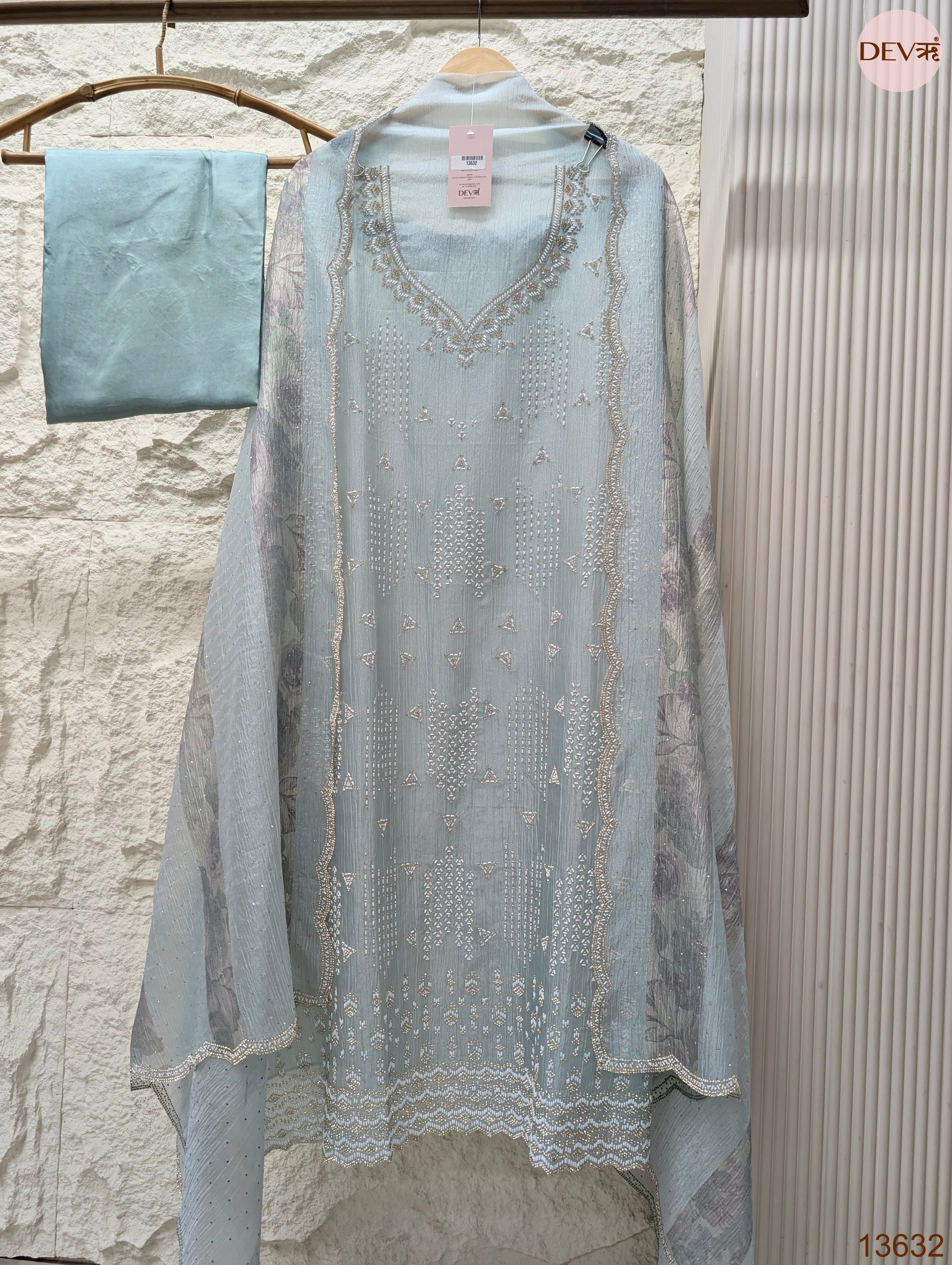 Blue Tissue Crush Silk Embroidered Unstitched 3-Piece Suit (Devri – D.No 13632)