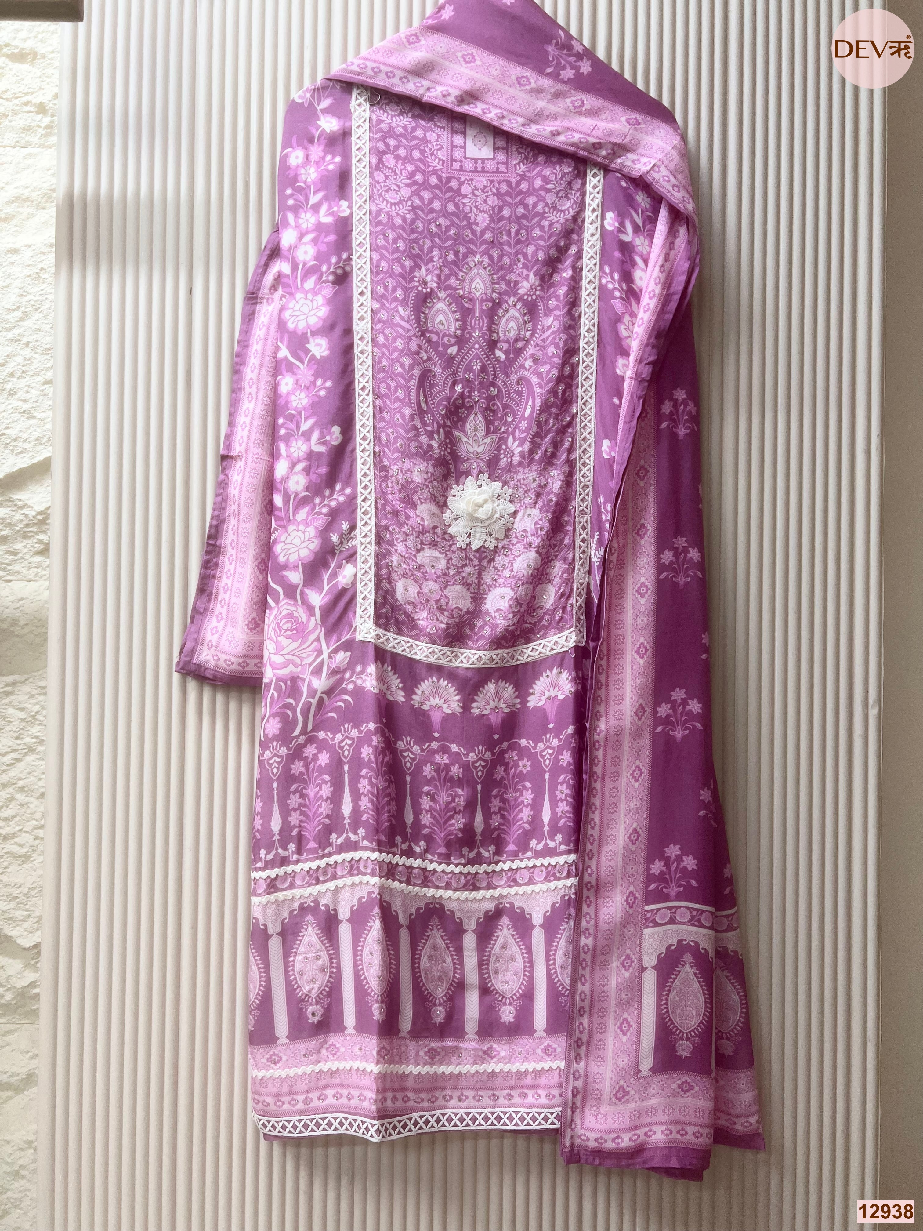 Purple Muslin Printed Unstitched 3-Piece Suit (Devri – D.No 12938)