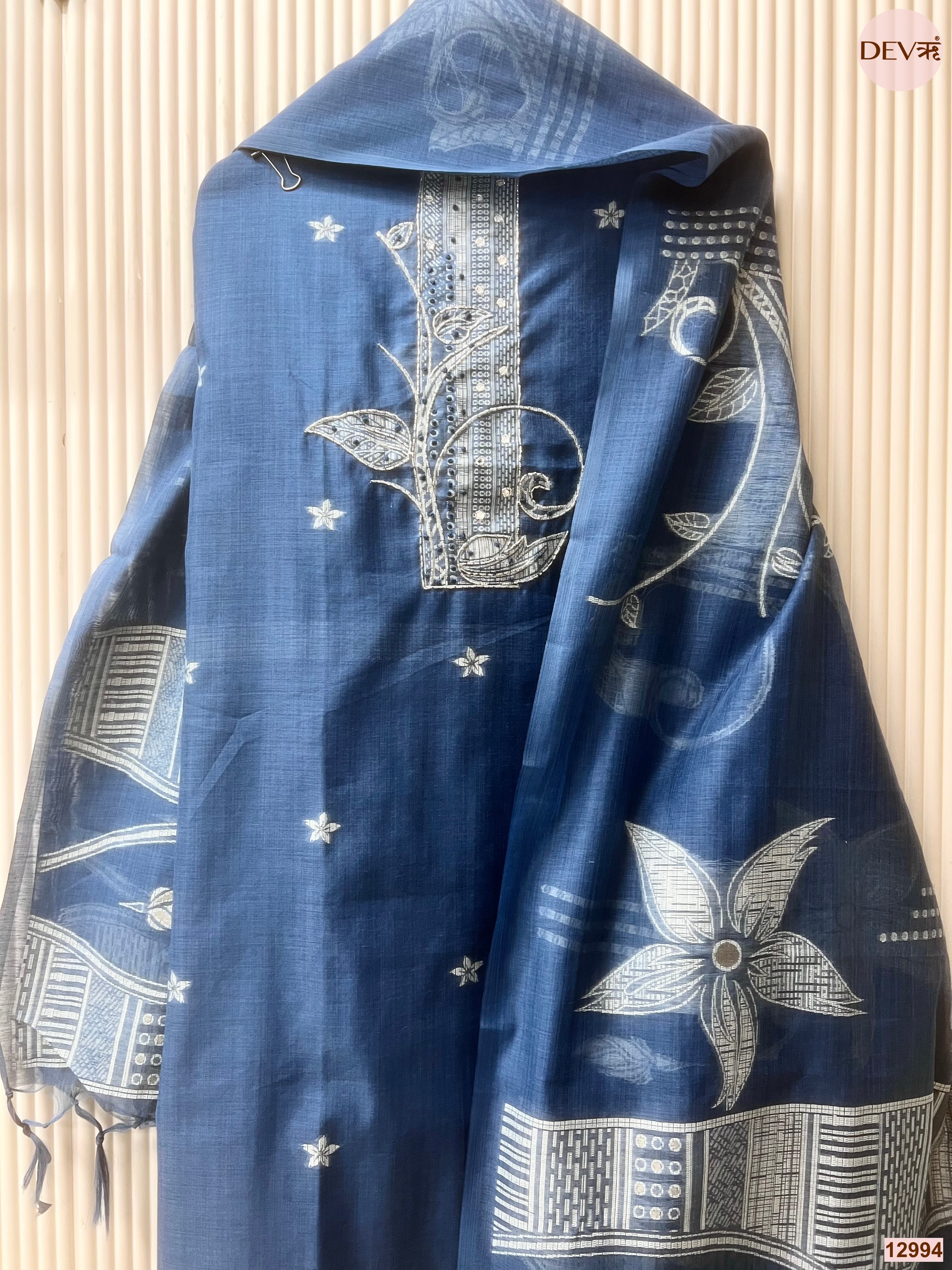 Blue Linen Cotton Printed Unstitched 3-Piece Suit (Devri – D.No 12994)
