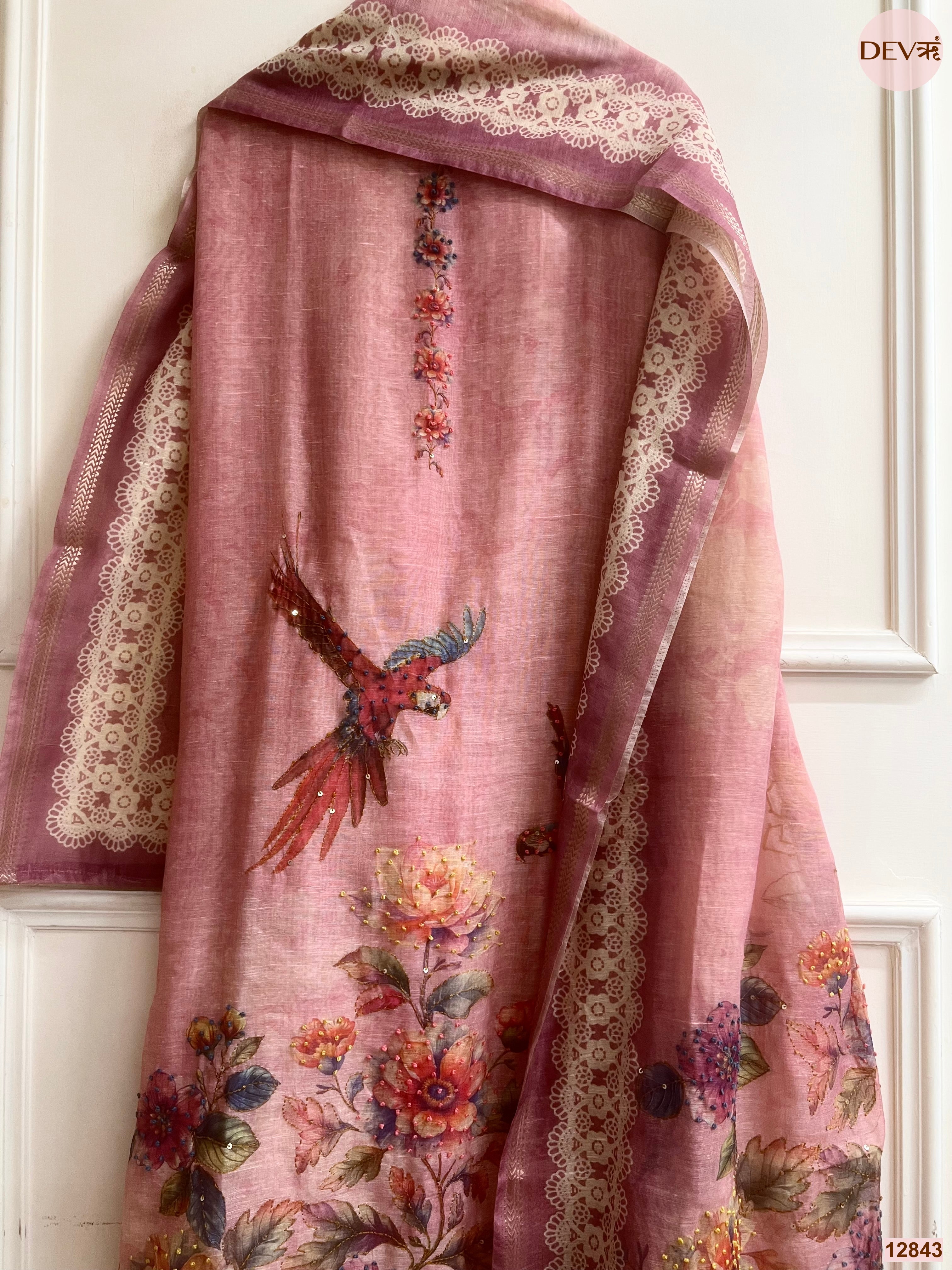 Pink Mul Chanderi Printed Unstitched 3-Piece Suit (Devri – D.No 12843)