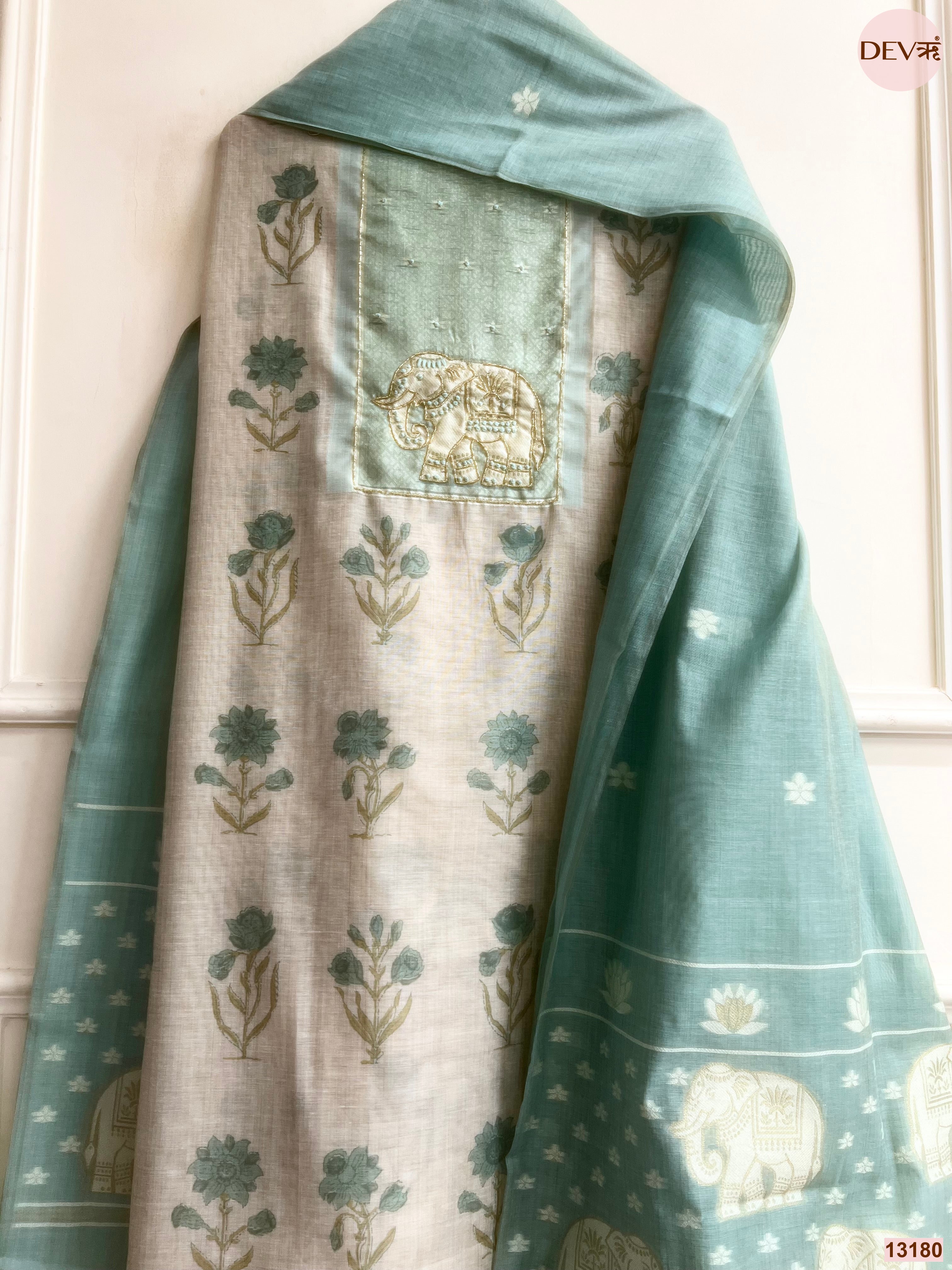 Aqua Mul Chanderi Printed Unstitched 3-Piece Suit (Devri – D.No 13180)