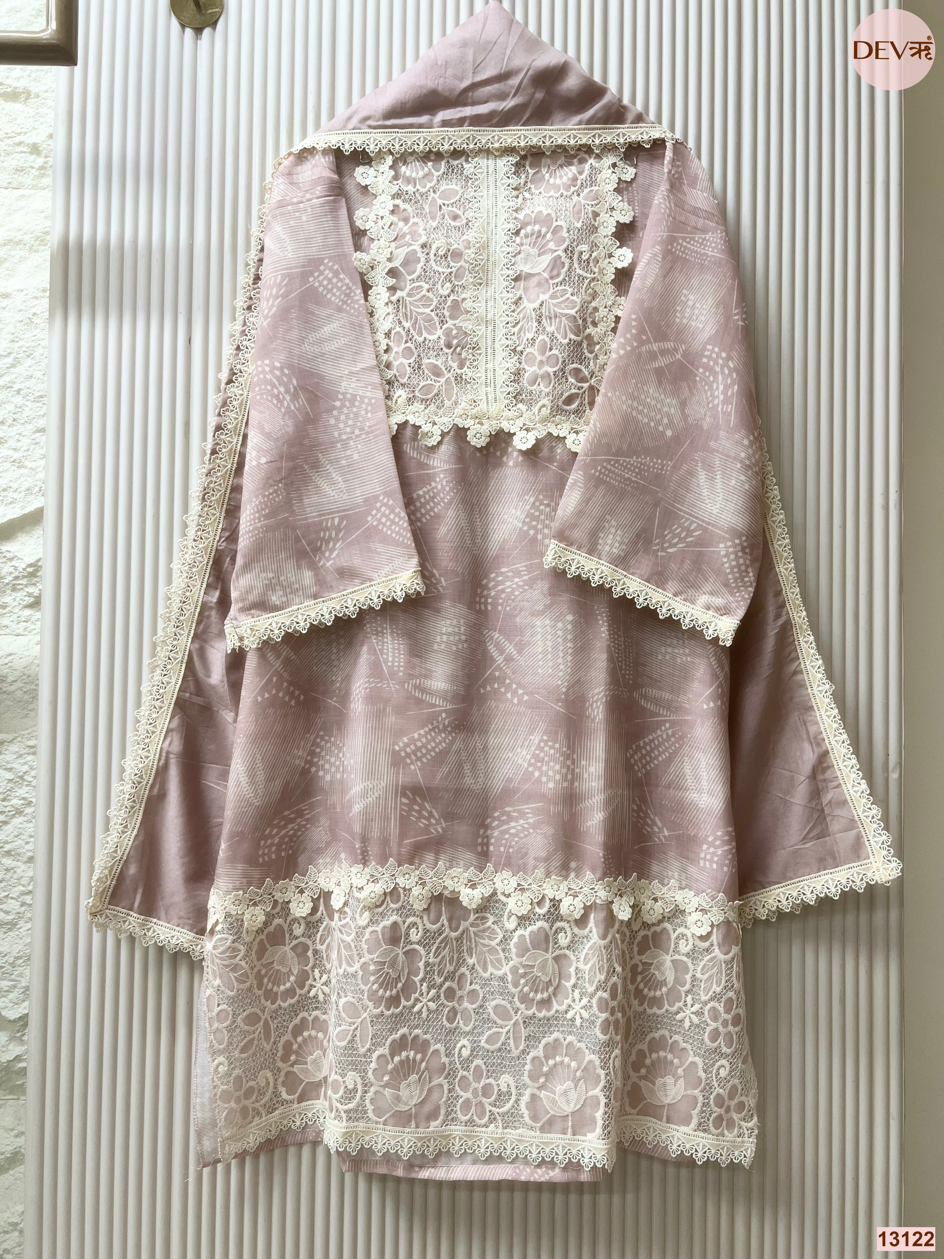 Pink Linen Embroidered Unstitched 3-Piece Suit (Devri – D.No 13122)