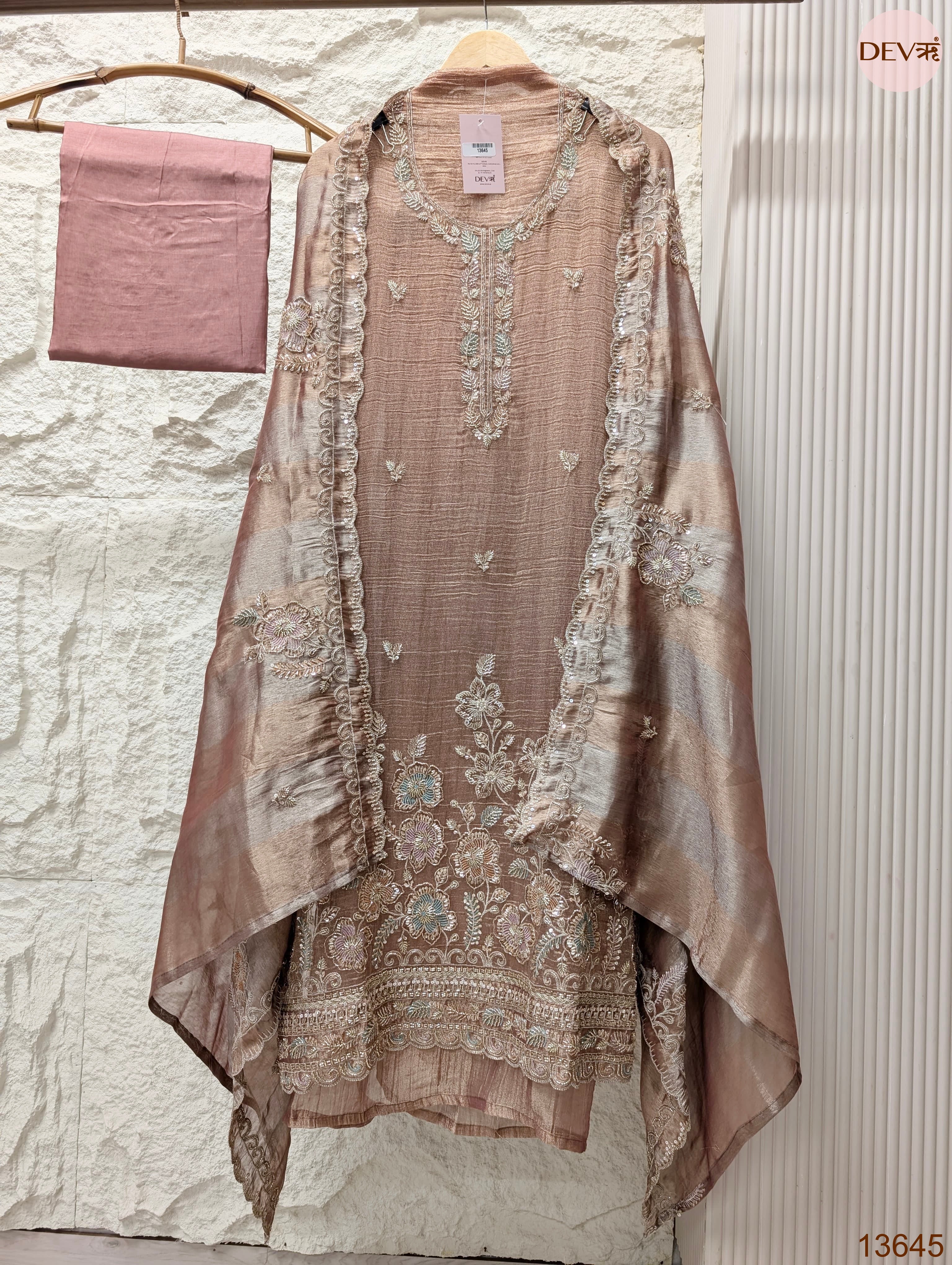 Pink Tissue Crush Silk Embroidered Unstitched 3-Piece Suit (Devri – D.No 13645)
