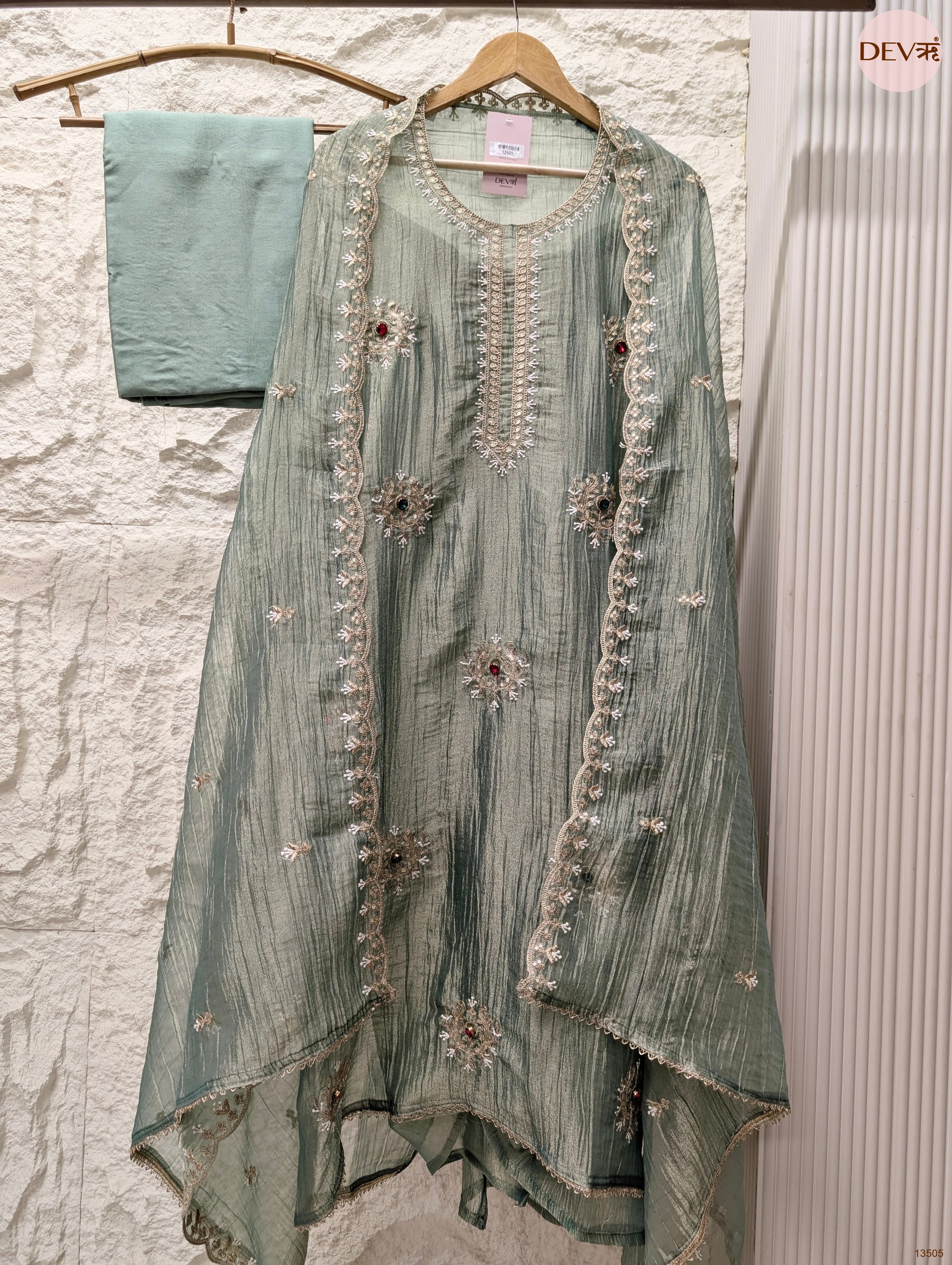 Green Tissue Crush Silk Embroidered Unstitched 3-Piece Suit (Devri – D.No 13505)