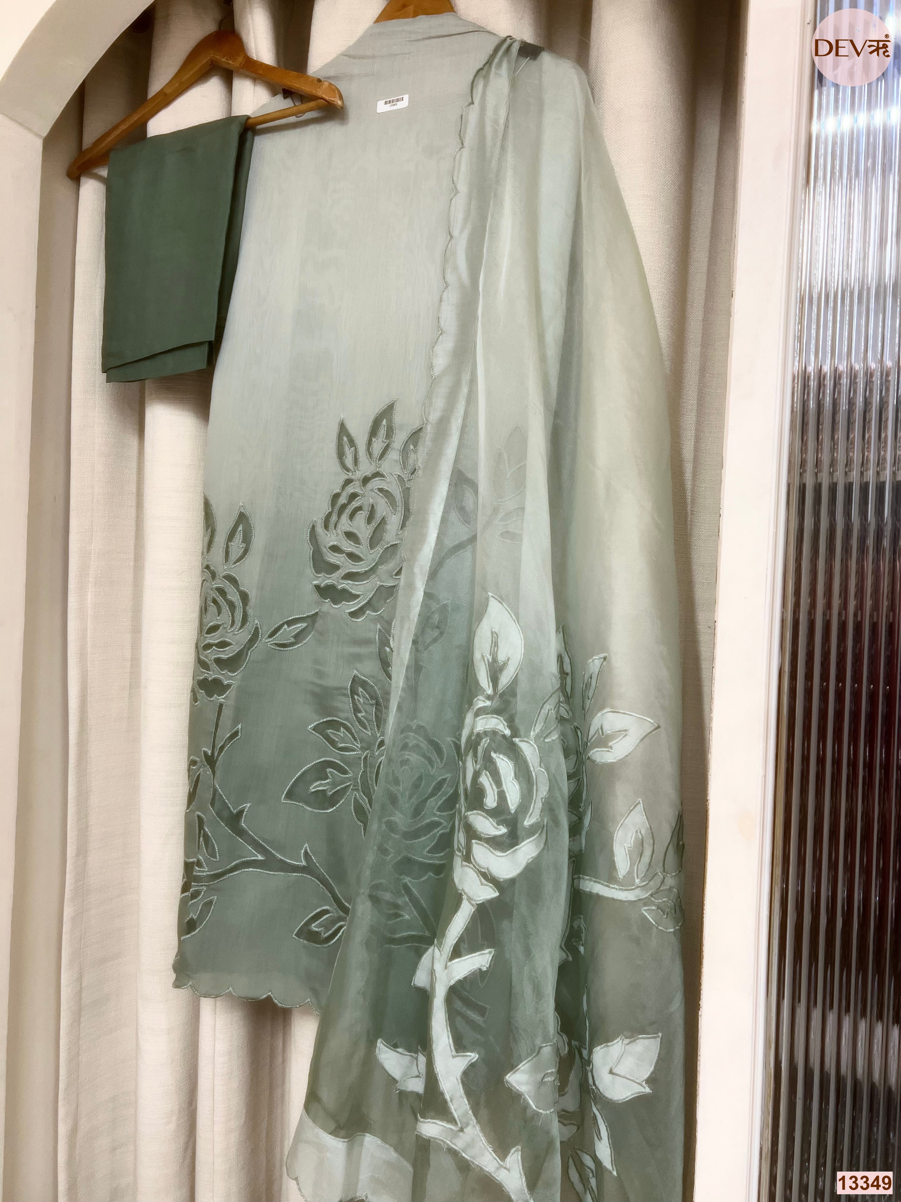 Sage Mul Chanderi Embroidered Unstitched 3-Piece Suit (Devri – D.No 13349)