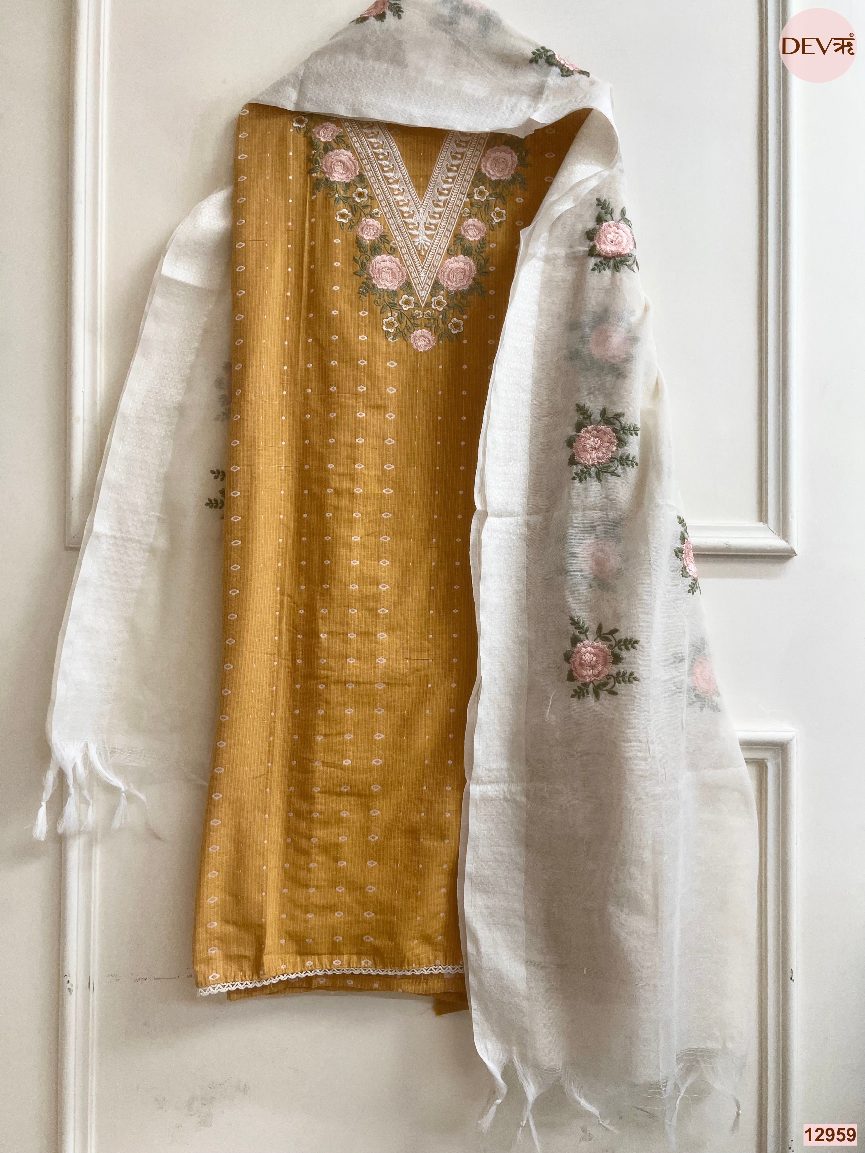Mustard Cotton Handloom Embroidered Unstitched 3-Piece Suit (Devri – D.No 12959)