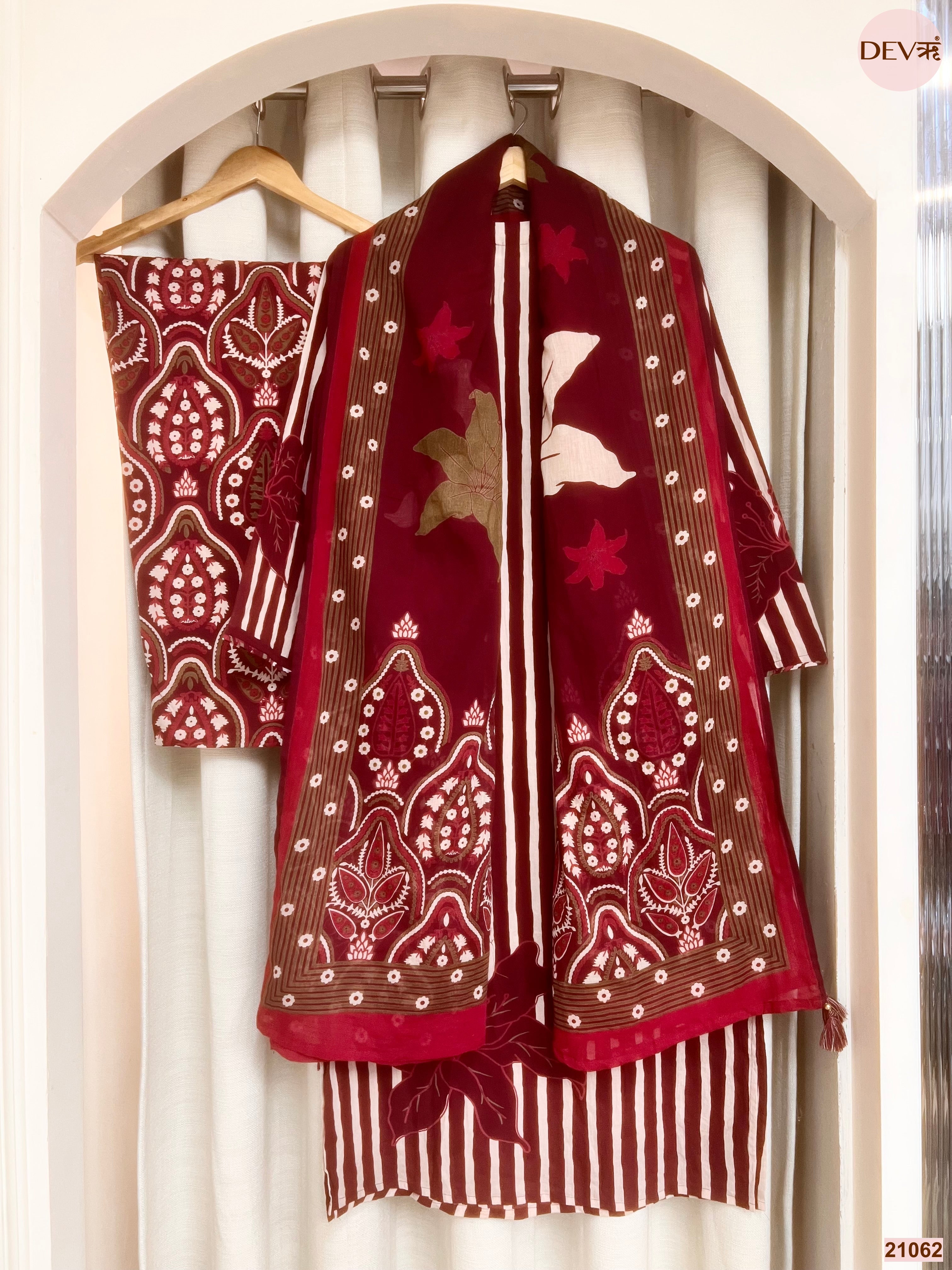 Gulnaar Cotton Printed Maroon 3-Piece Set (Devri – D.No 21062)