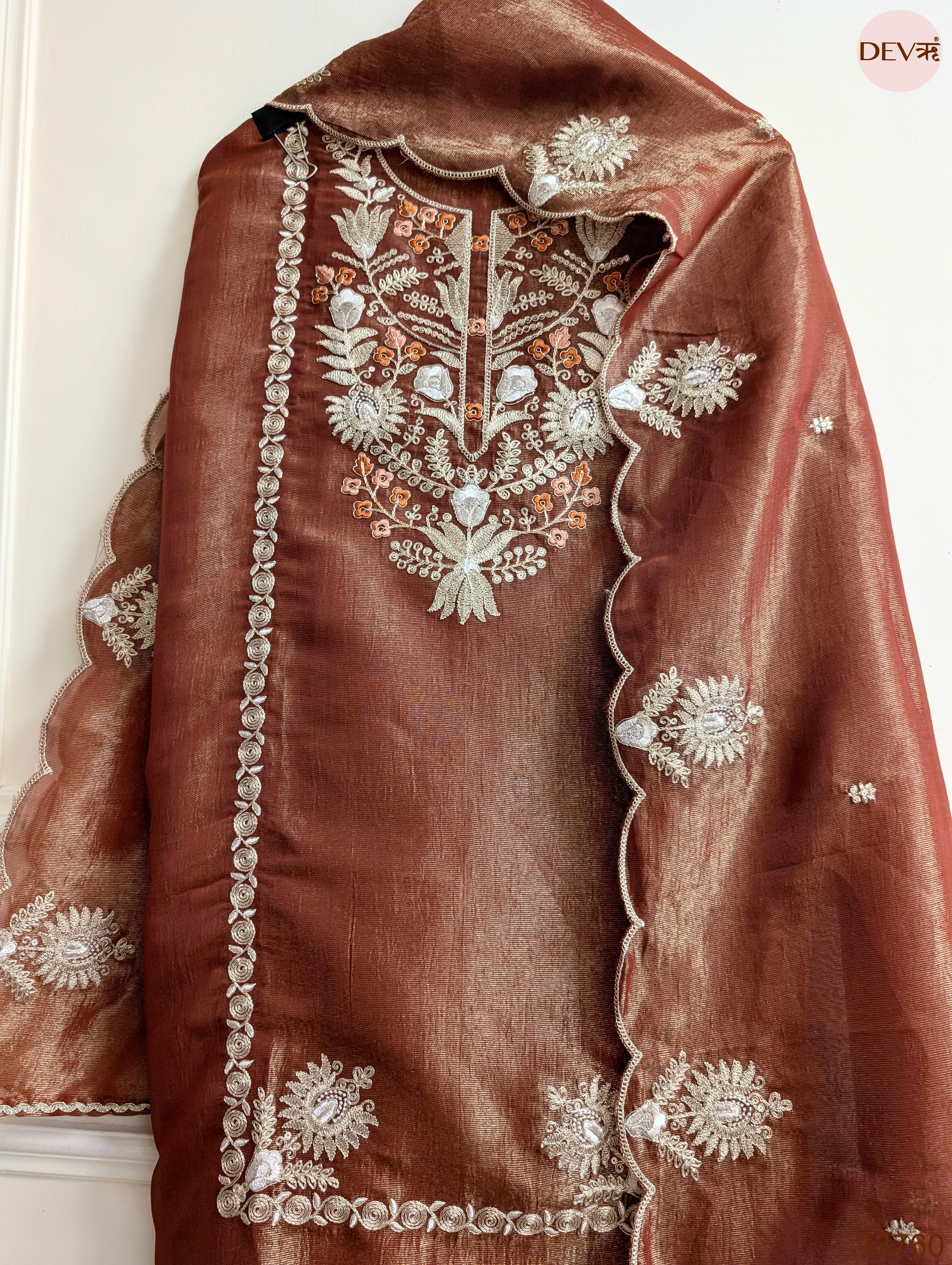 Brown Pure Tissue Silk Embroidered Unstitched 3-Piece Suit (Devri – D.No 13760)