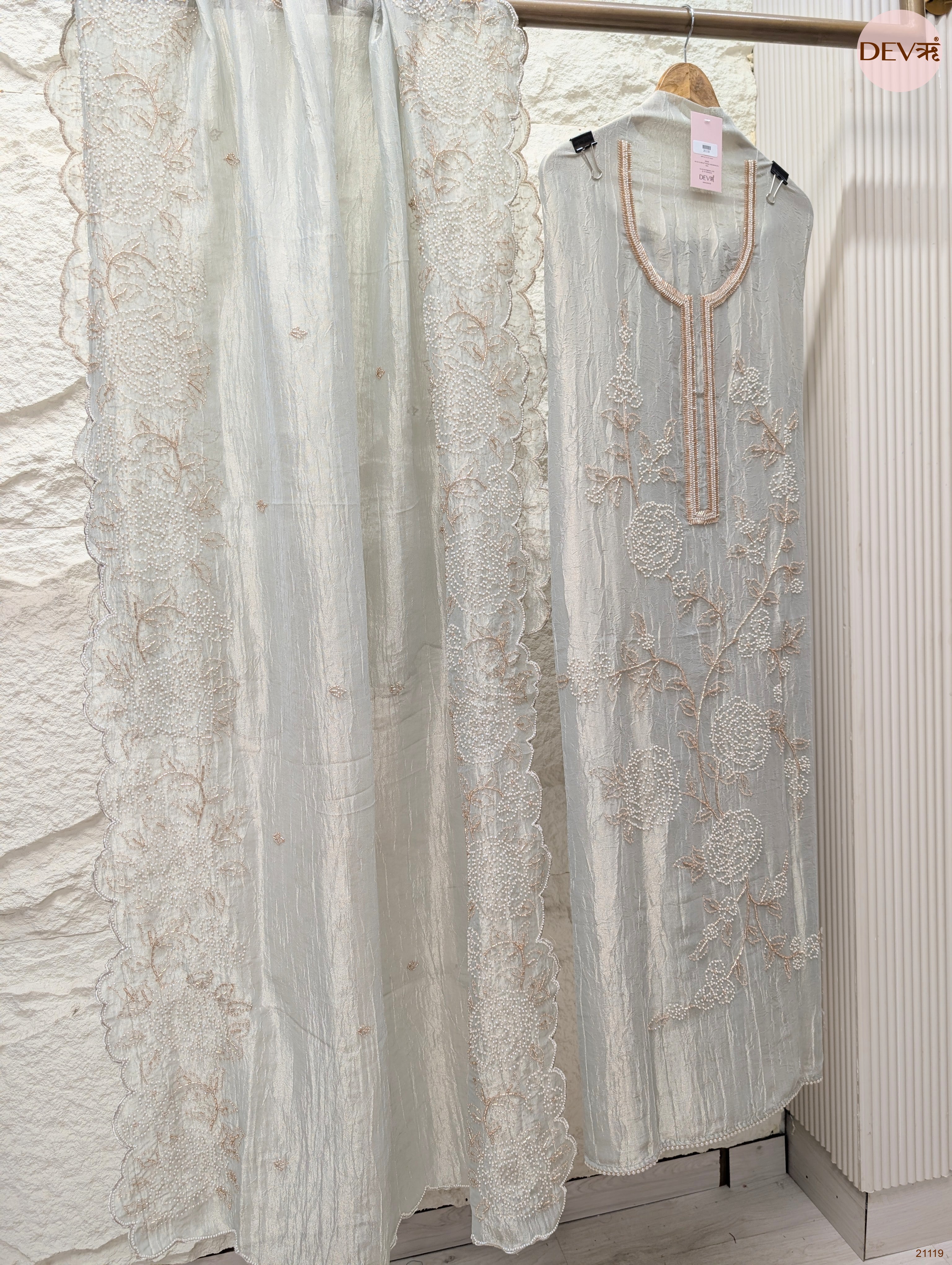 Grey Pure Tissue Crush Silk Embroidered Unstitched 3-Piece Suit (Devri – D.No 21119)