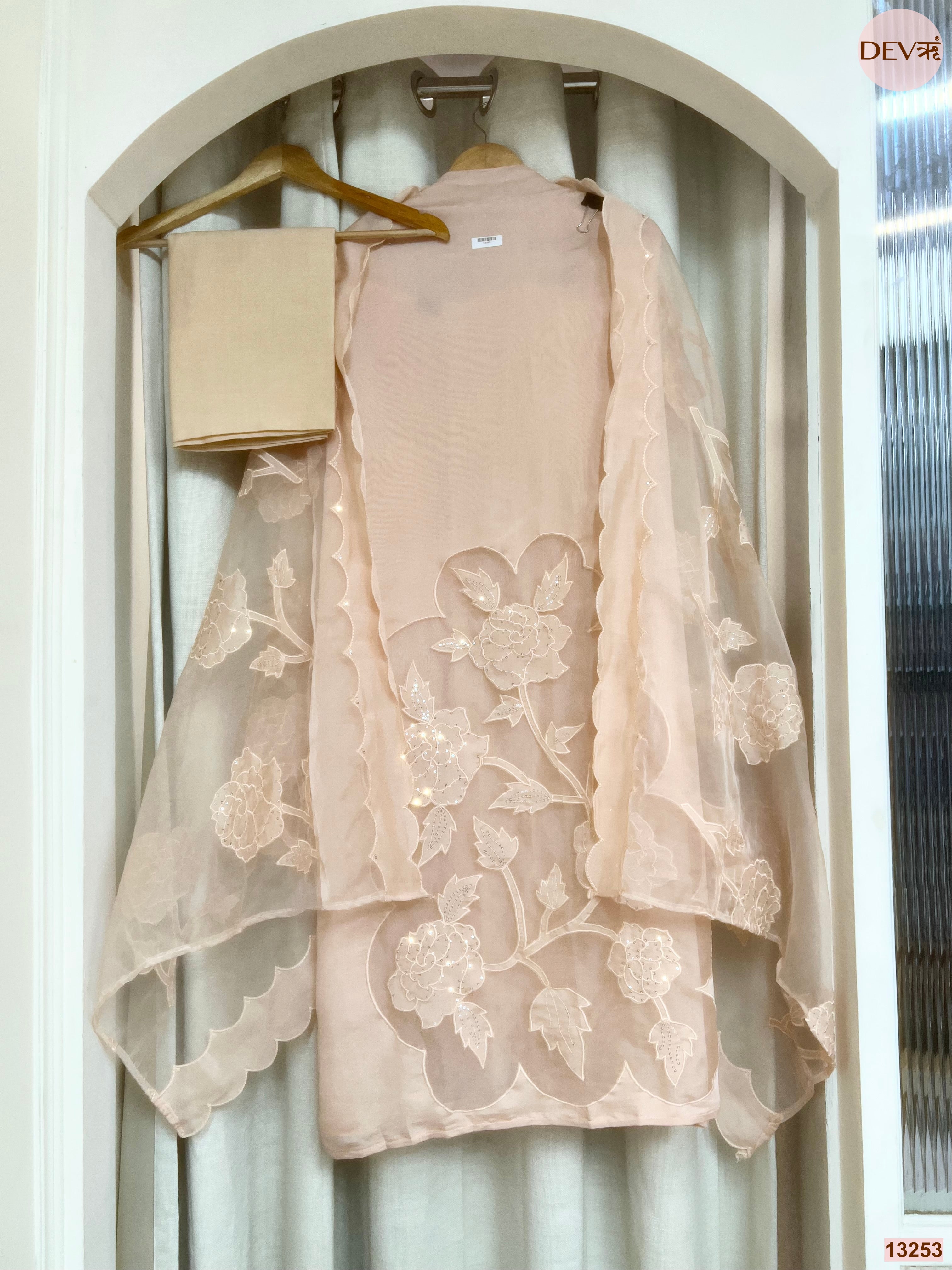 Peach Mul Chanderi Embroidered Unstitched 3-Piece Suit (Devri – D.No 13253)