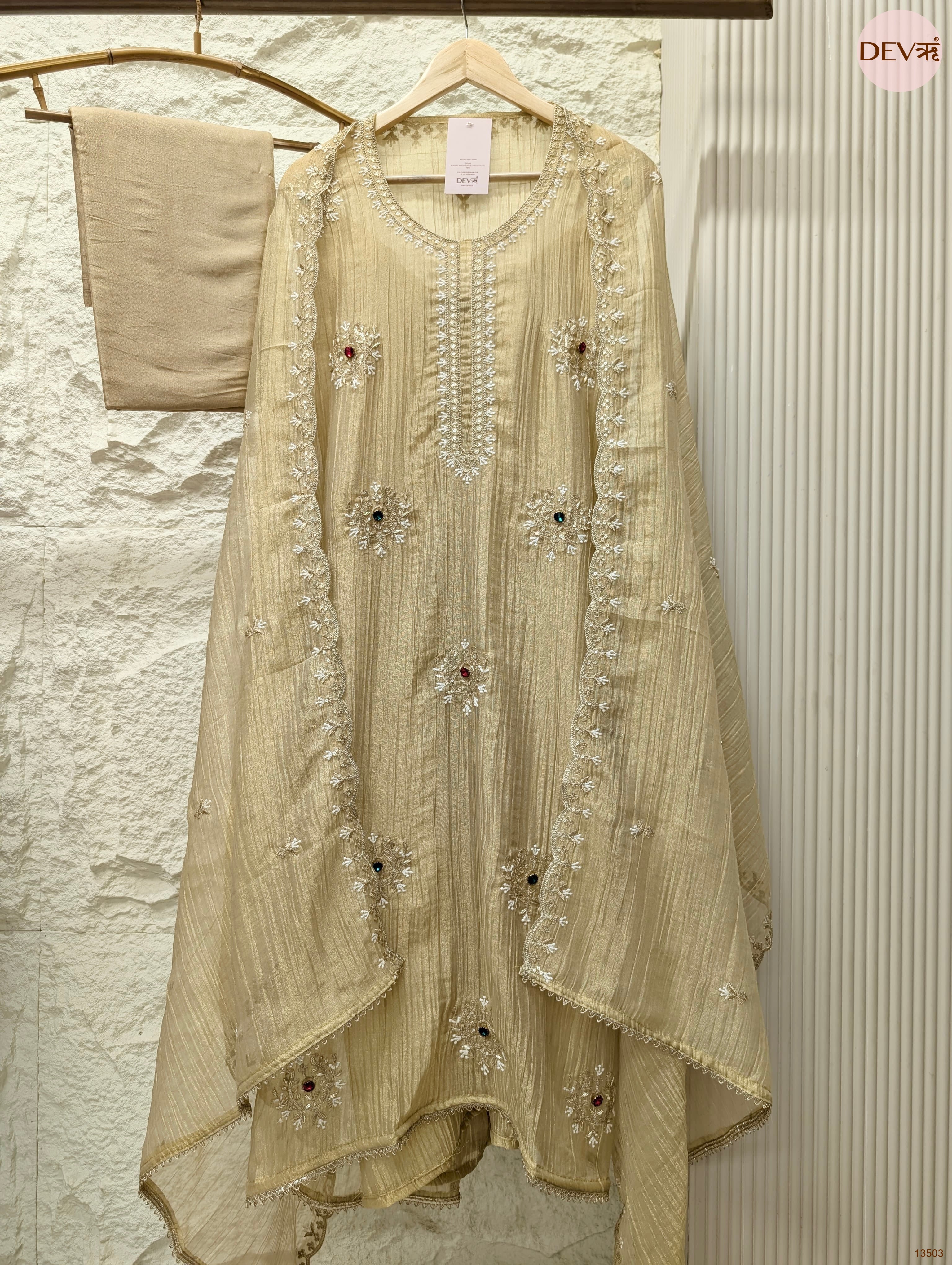 Beige Tissue Crush Silk Embroidered Unstitched 3-Piece Suit (Devri – D.No 13503)