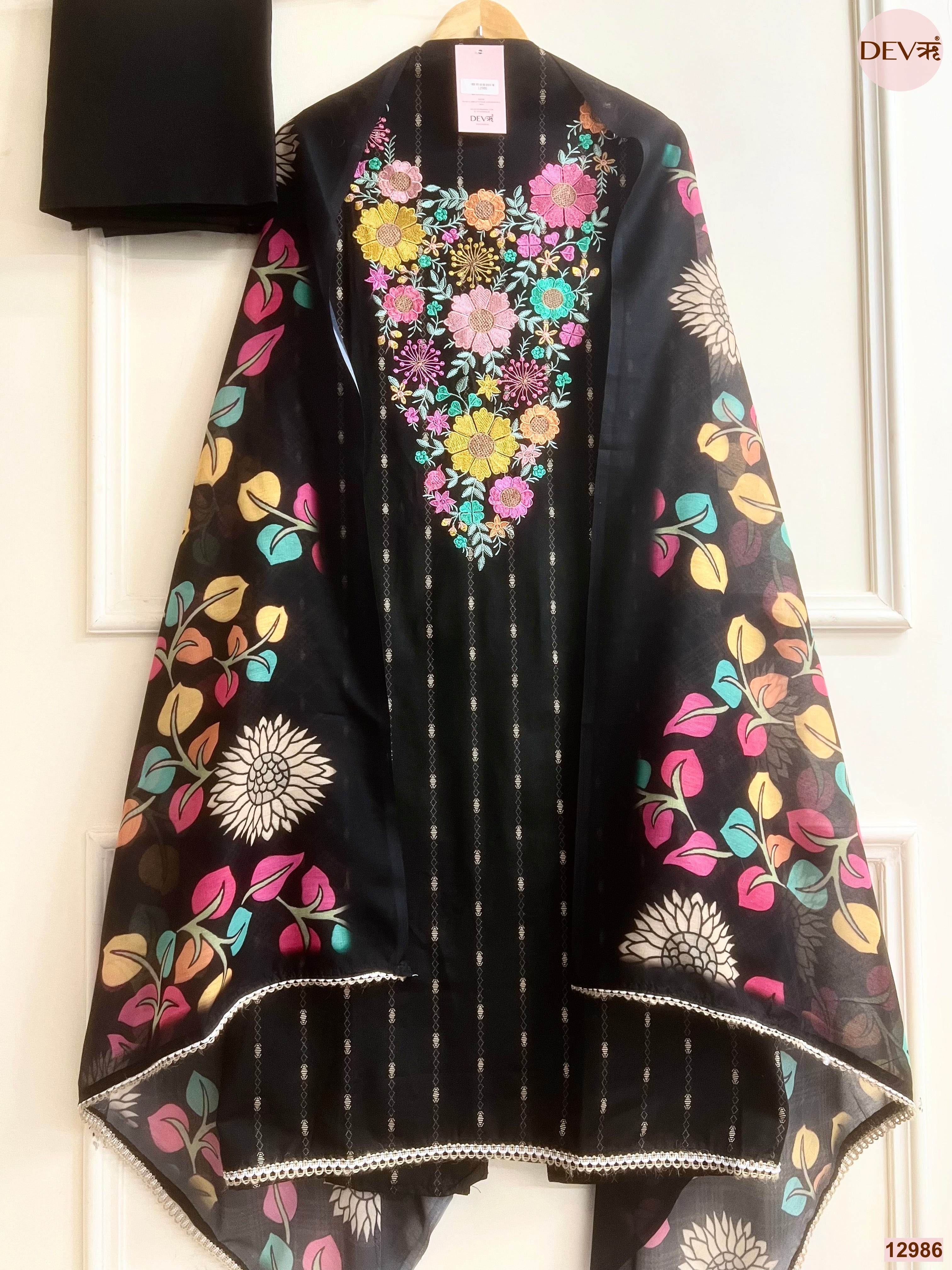 Black Cotton Handloom Printed Unstitched 3-Piece Suit (Devri – D.No 12986)