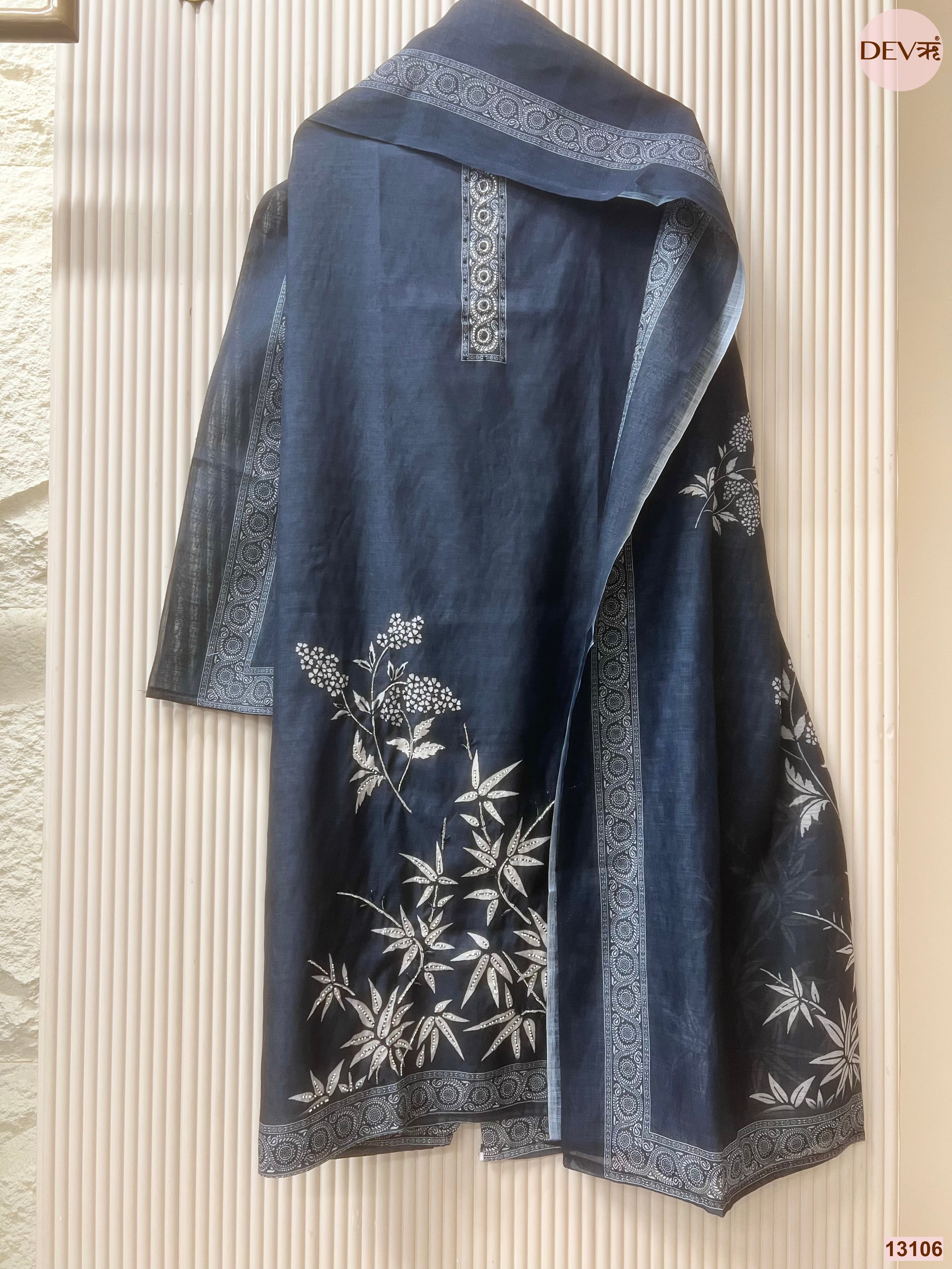 Navy Linen Cotton Printed Unstitched 3-Piece Suit (Devri – D.No 13106)