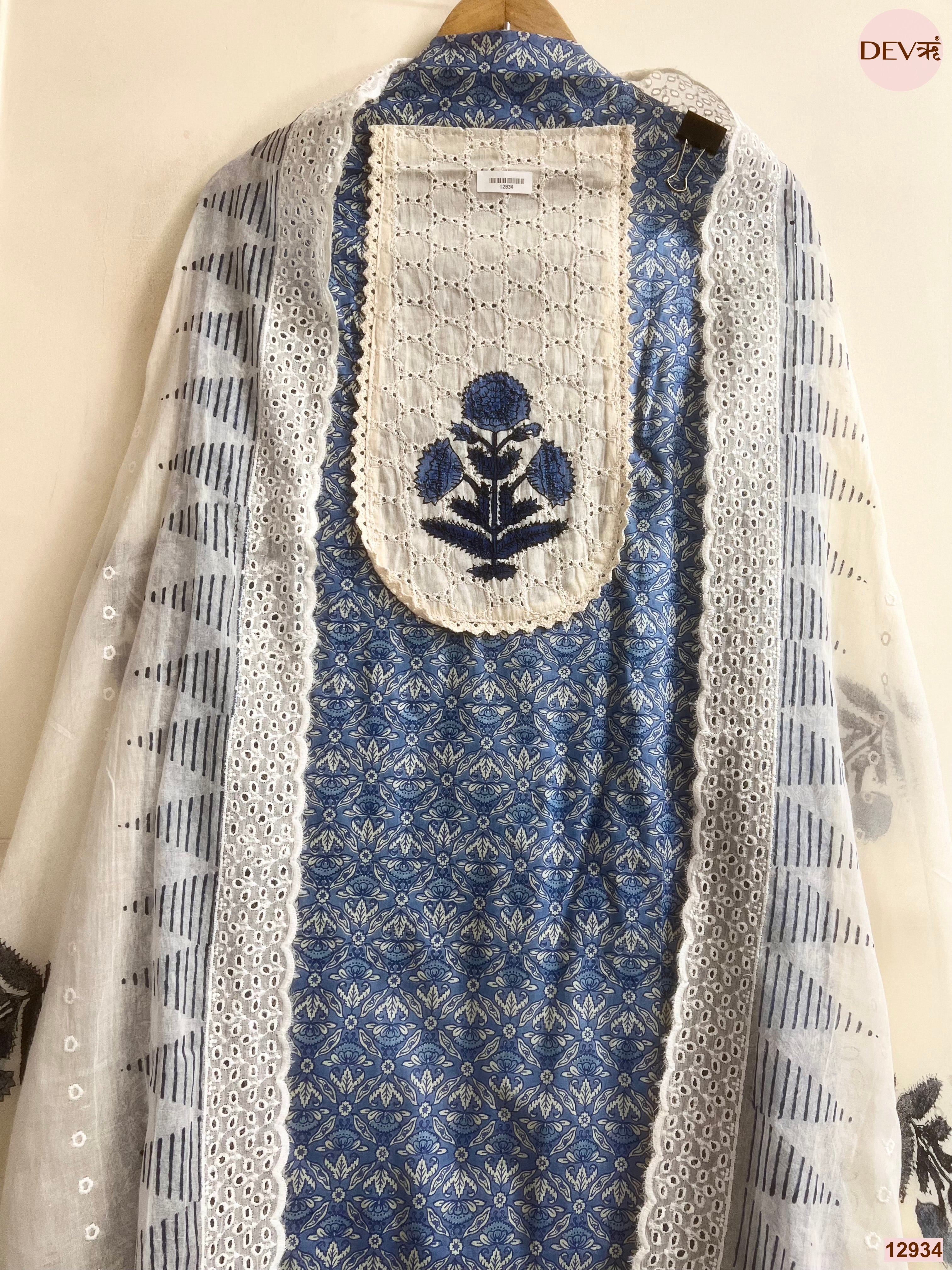 Blue Cotton Printed Unstitched 3-Piece Suit (Devri – D.No 12934)