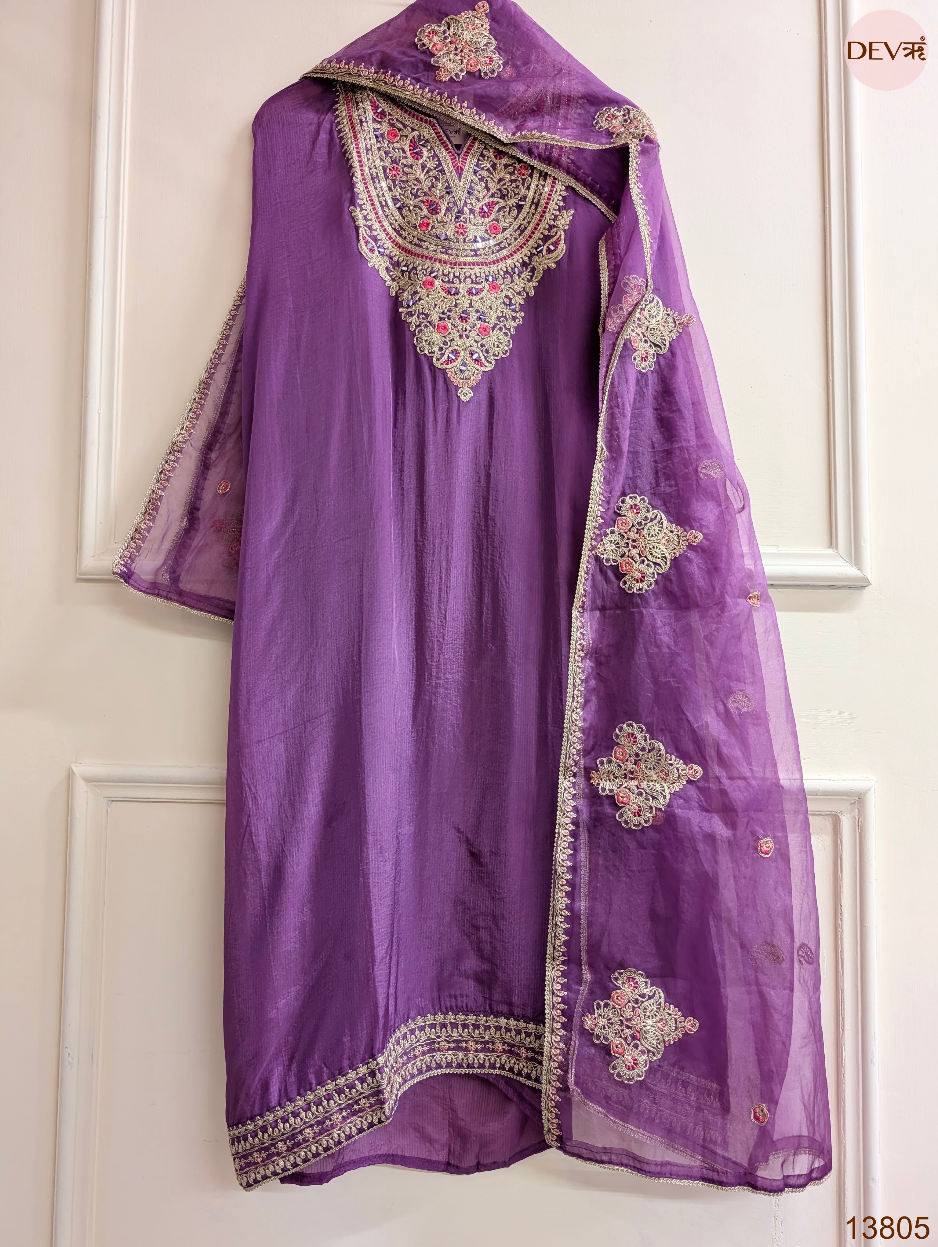 Purple Tissue Organza Silk Embroidered Unstitched 3-Piece Suit (Devri – D.No 13805)
