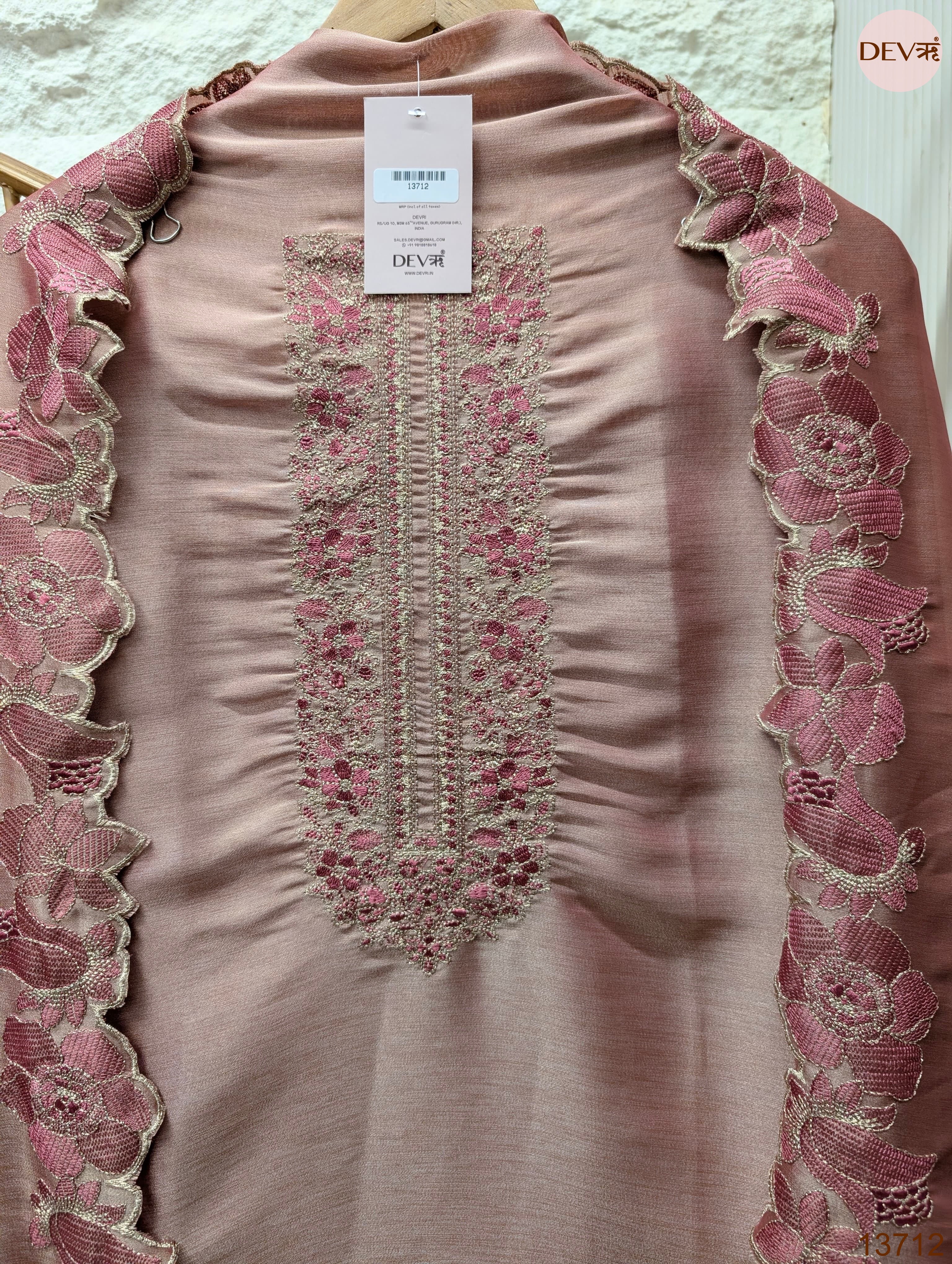 Pink Silk Blend Embroidered Unstitched 3-Piece Suit (Devri – D.No 13712)