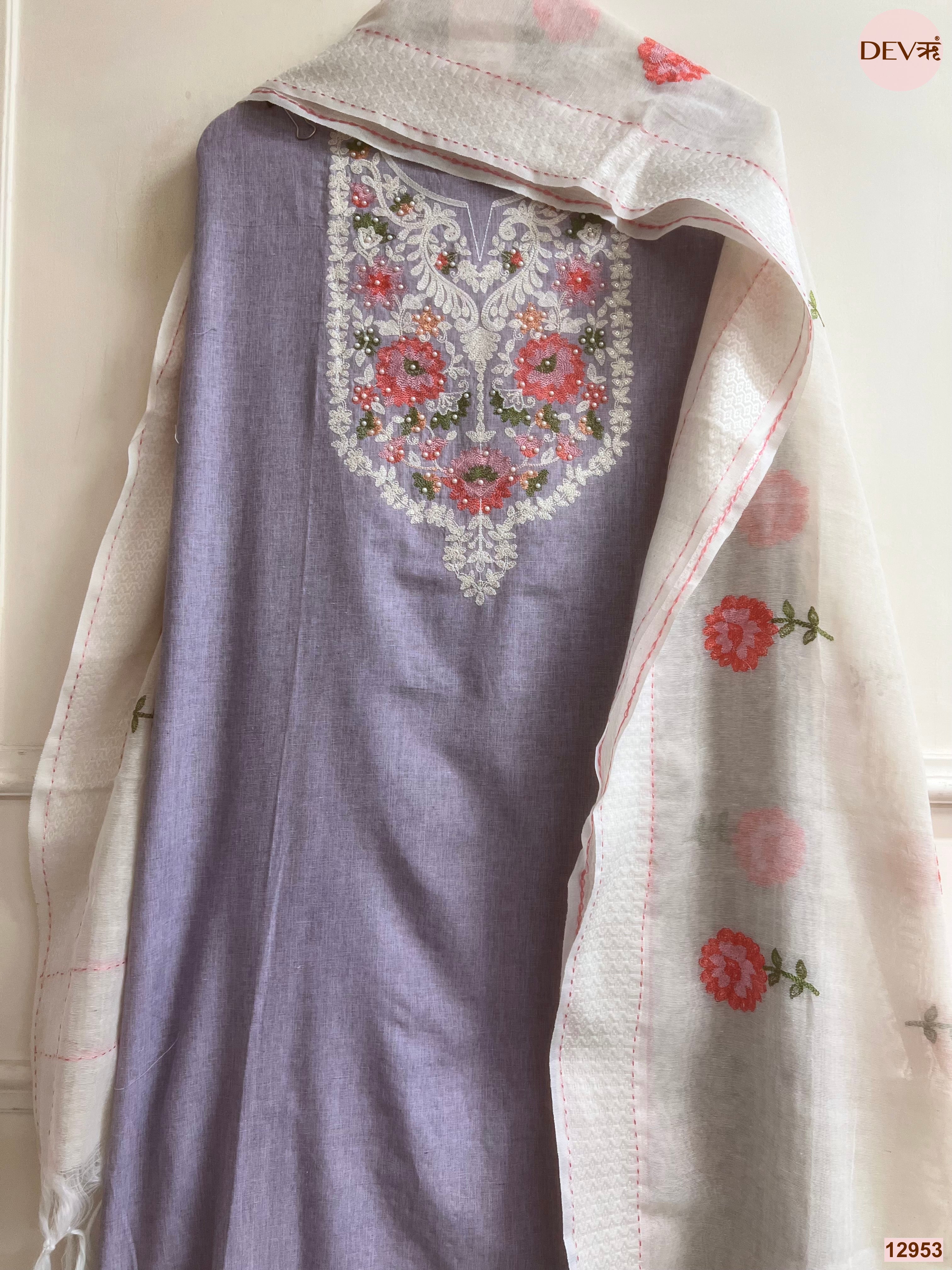 Lavender Cotton Handloom Embroidered Unstitched 3-Piece Suit (Devri – D.No 12953)