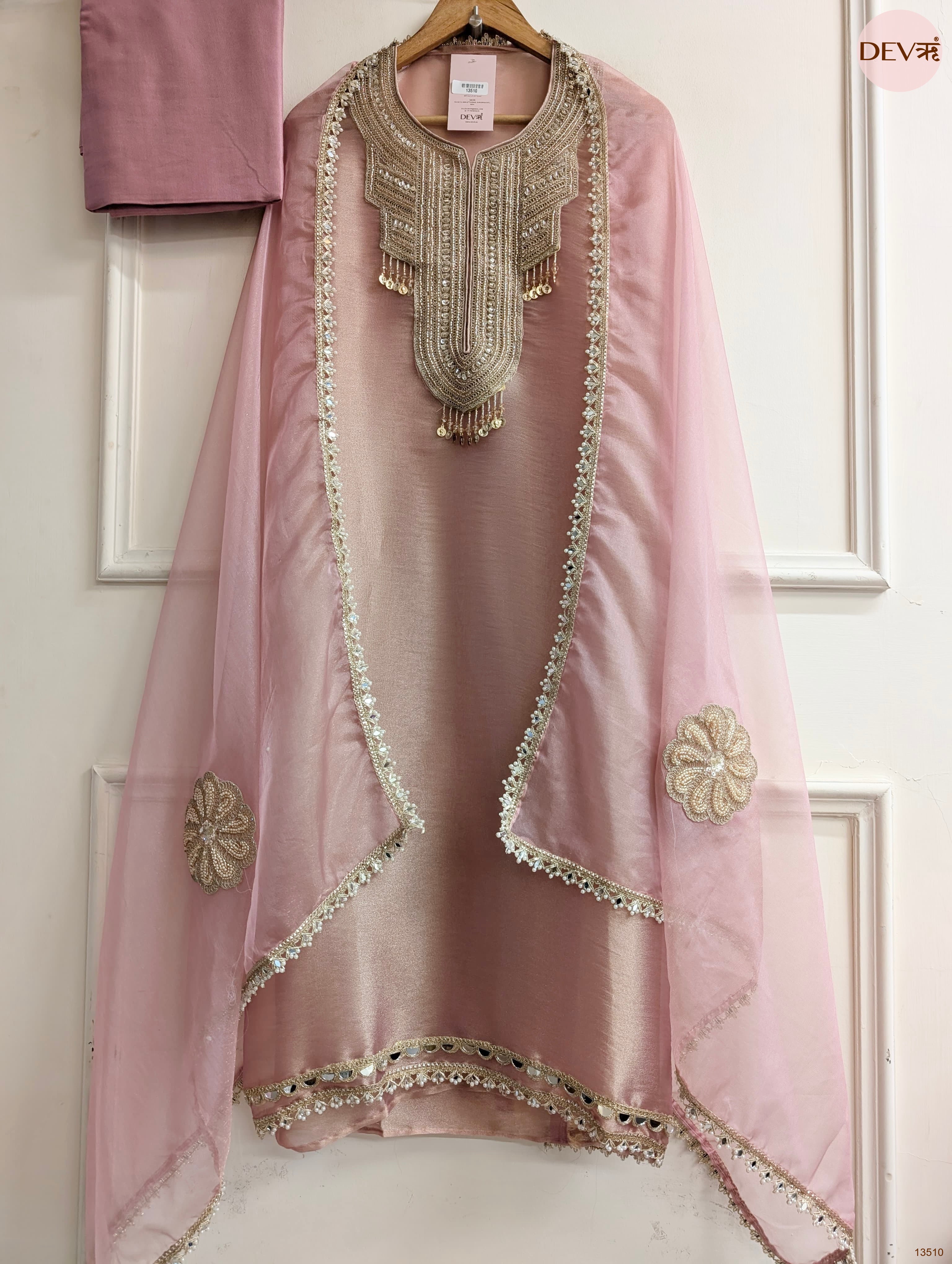 Pink Tissue Silk Hand Unstitched 3-Piece Suit (Devri – D.No 13510)