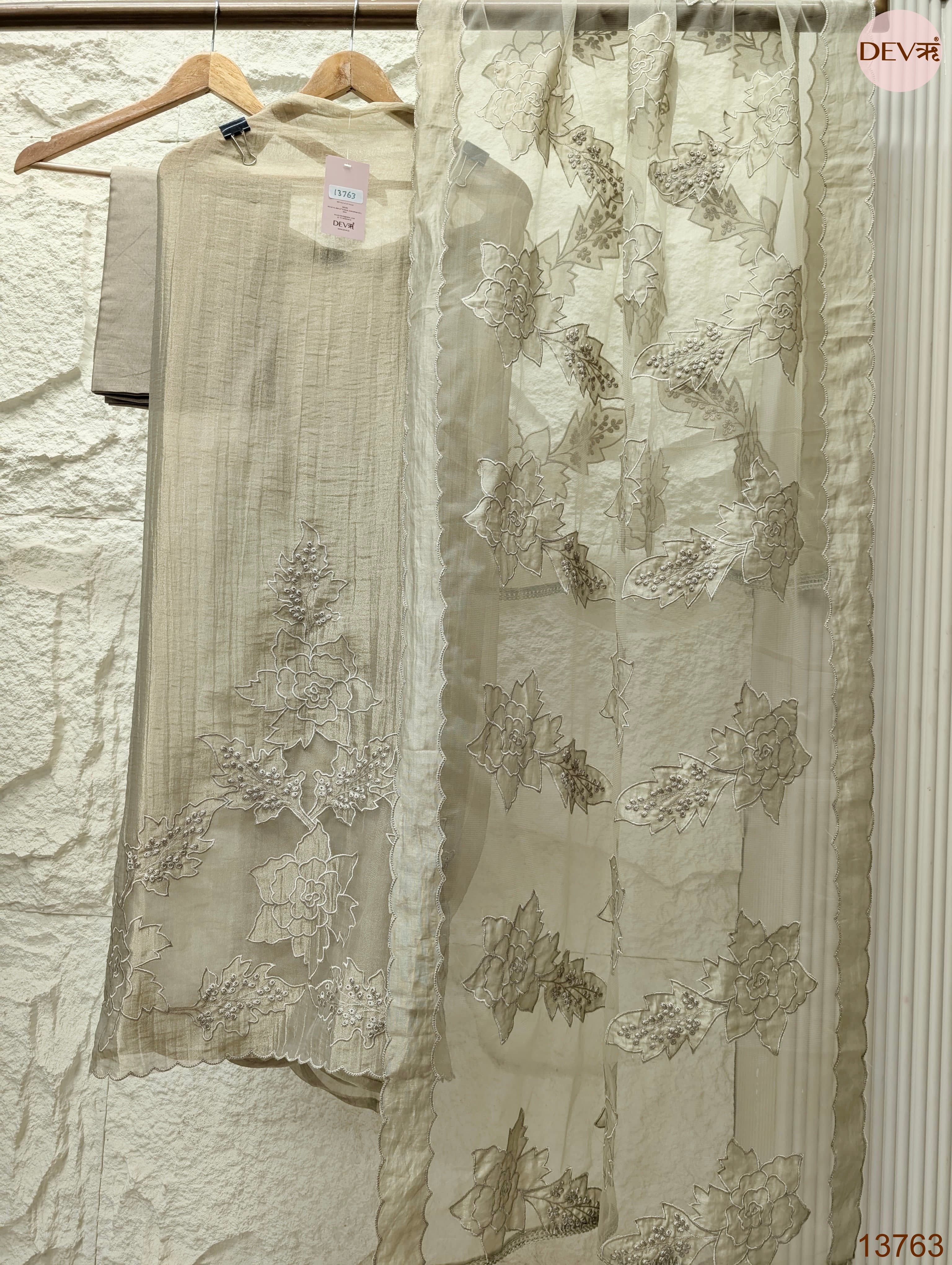 Beige Tissue Silk Embroidered Unstitched 3-Piece Suit (Devri – D.No 13763)