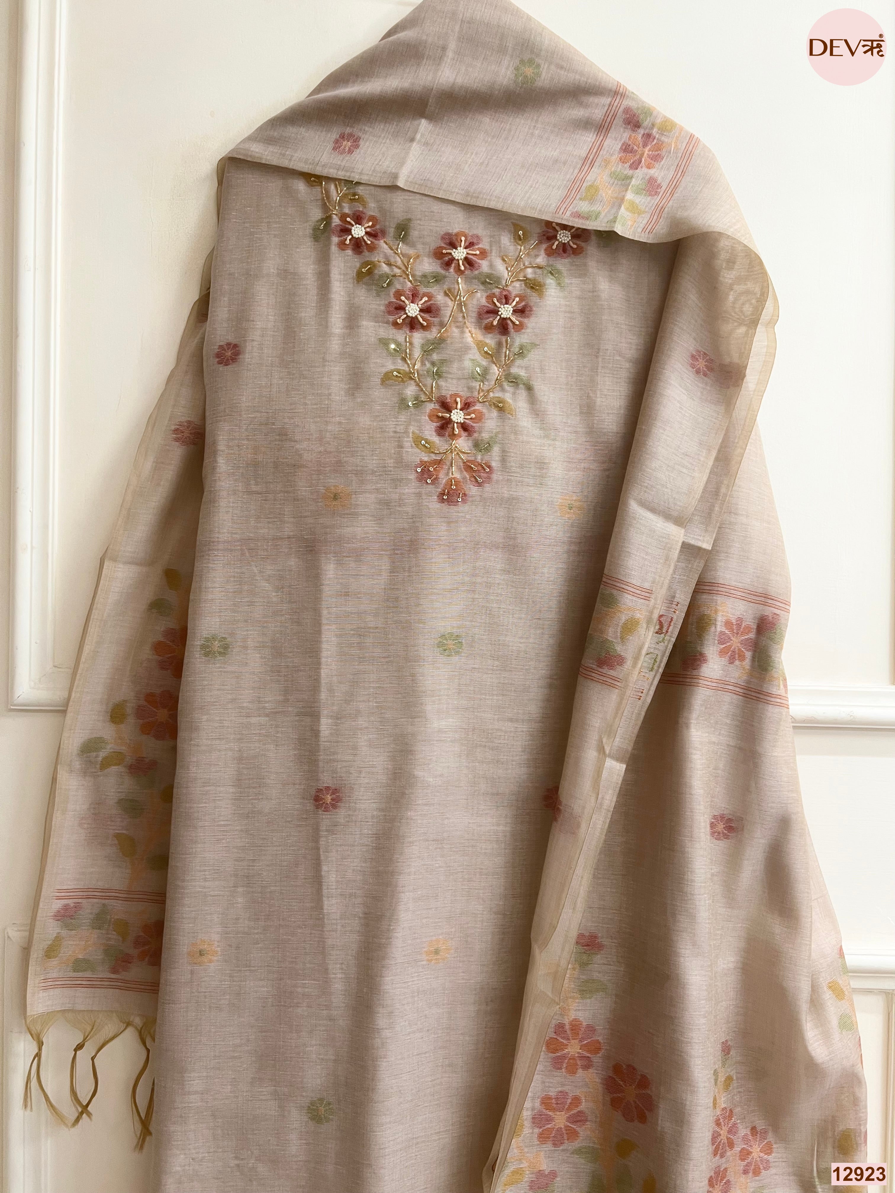 Beige Jamdani Cotton Printed Unstitched 3-Piece Suit (Devri – D.No 12923)