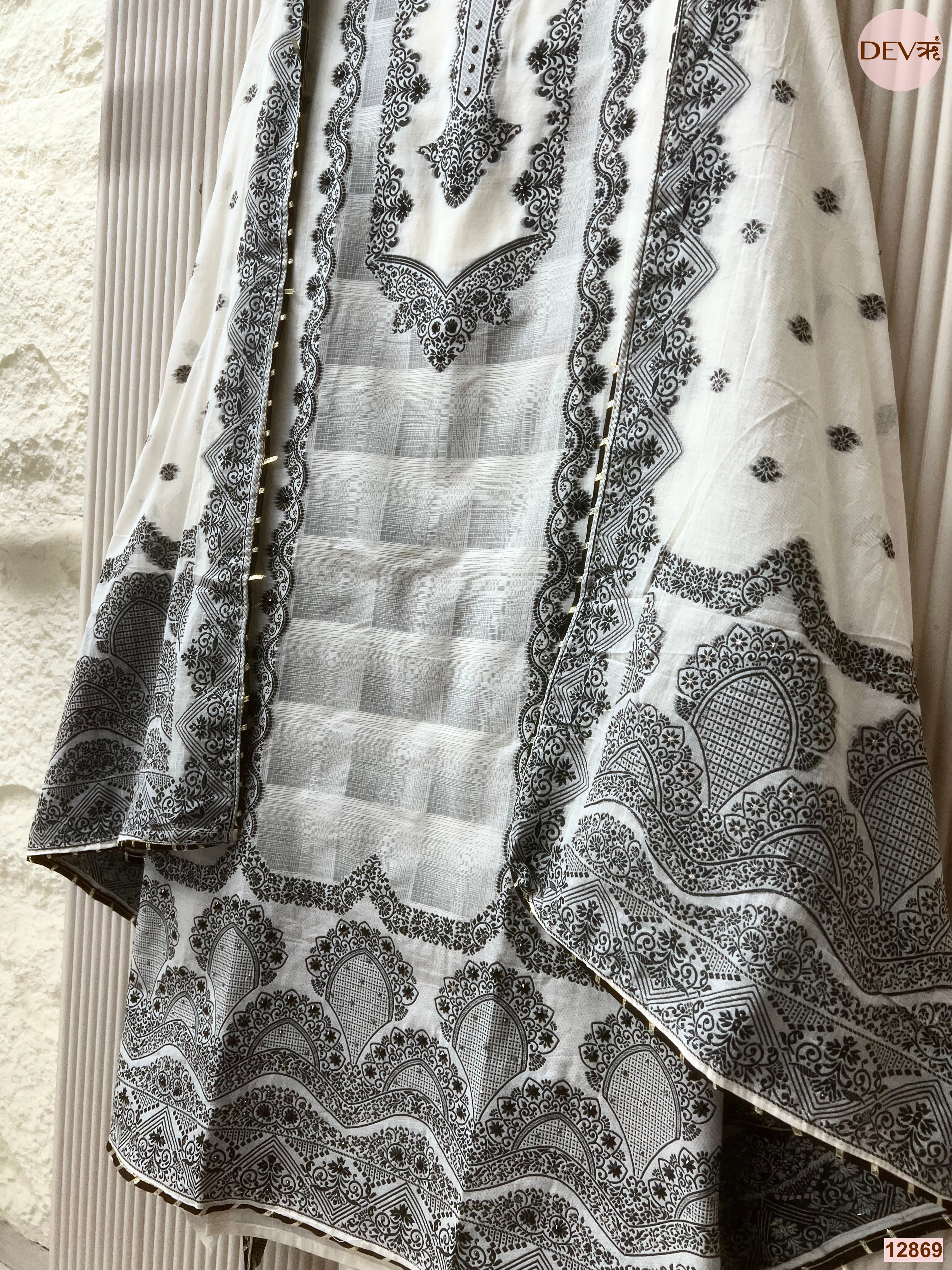 White Jamdani Cotton Printed Unstitched 3-Piece Suit (Devri – D.No 12869)