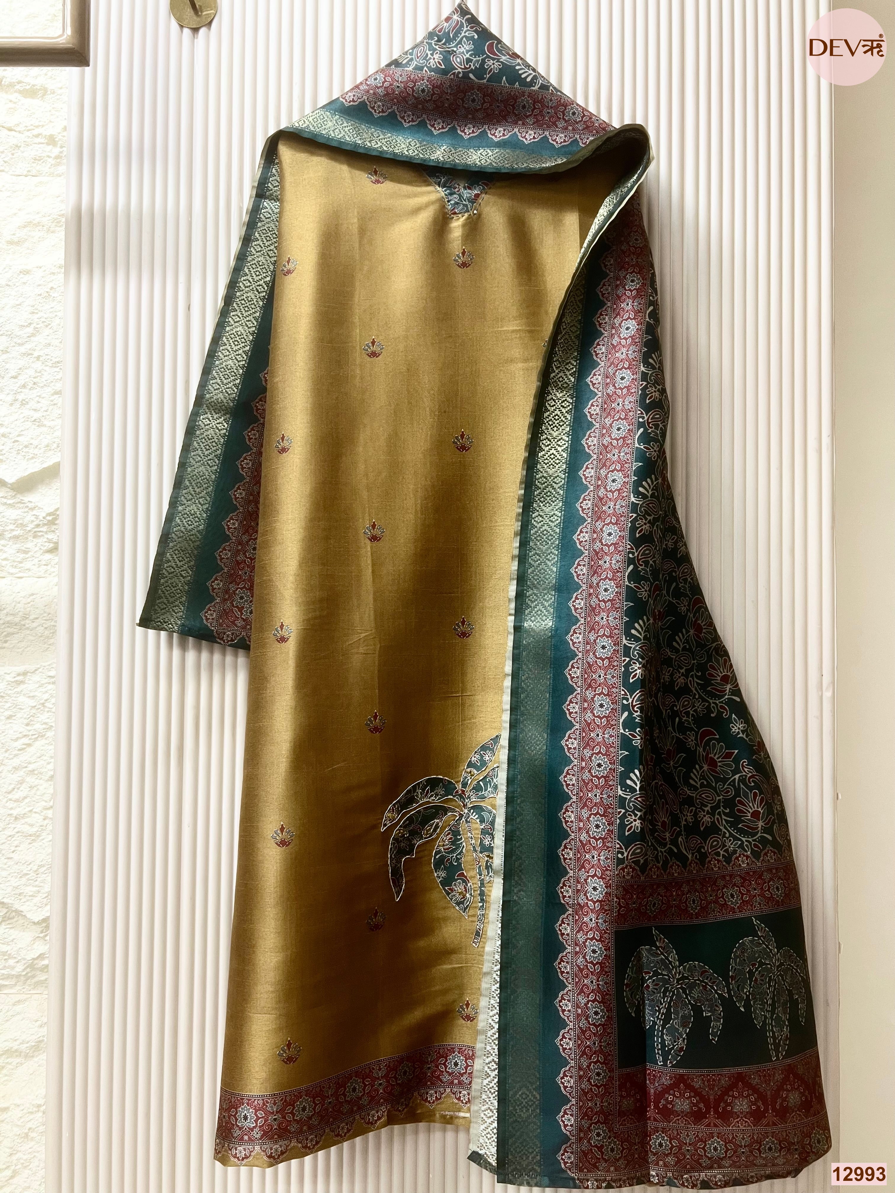 Mustard Raw Silk Printed Unstitched 3-Piece Suit (Devri – D.No 12993)