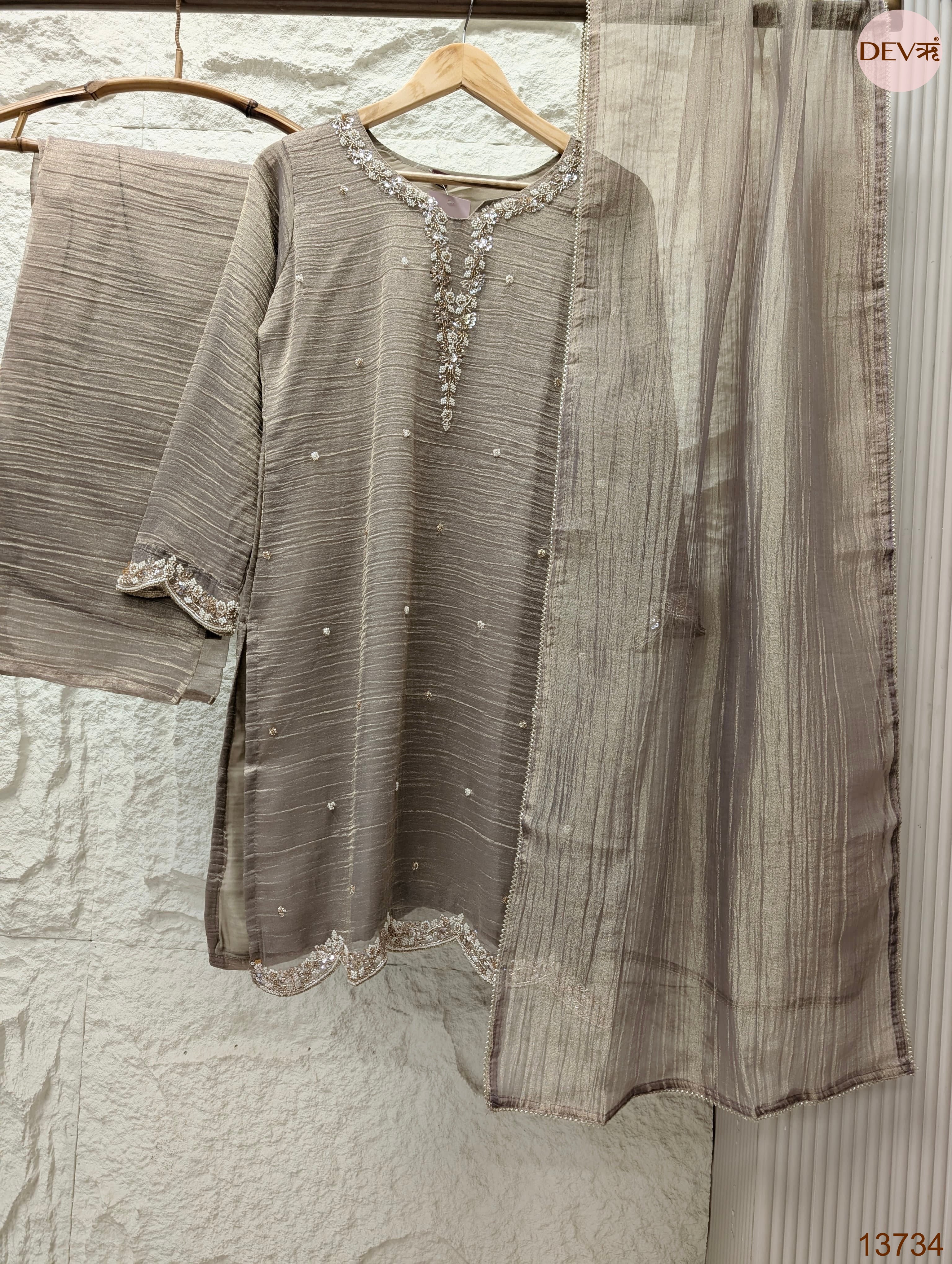 Zareen Tissue crush silk Embroidered Taupe 3-Piece Set (Devri – D.No 13734)