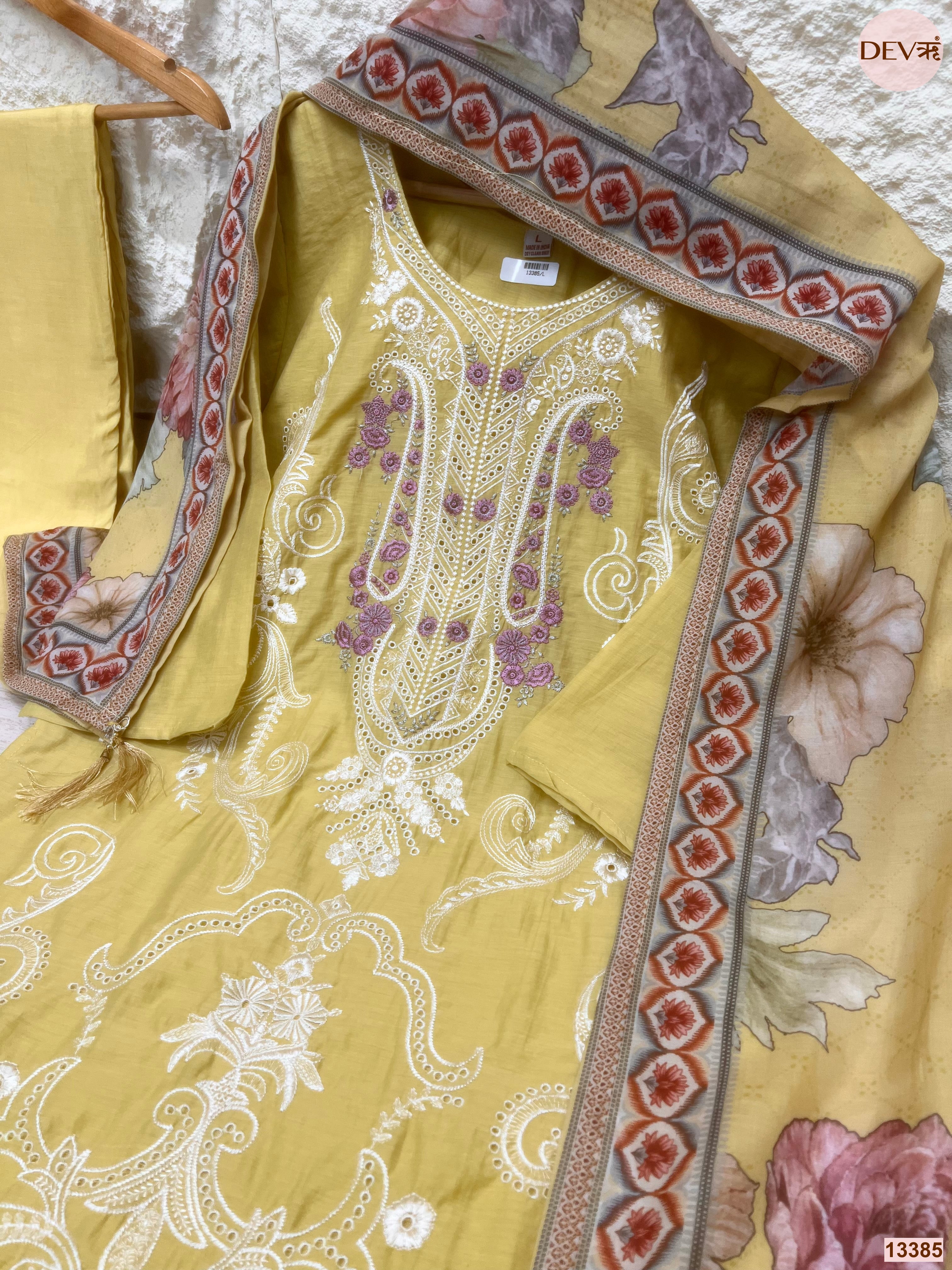 Gulnaar Pure Mul Cotton Embroidered Yellow 3-Piece Set (Devri – D.No 13385)