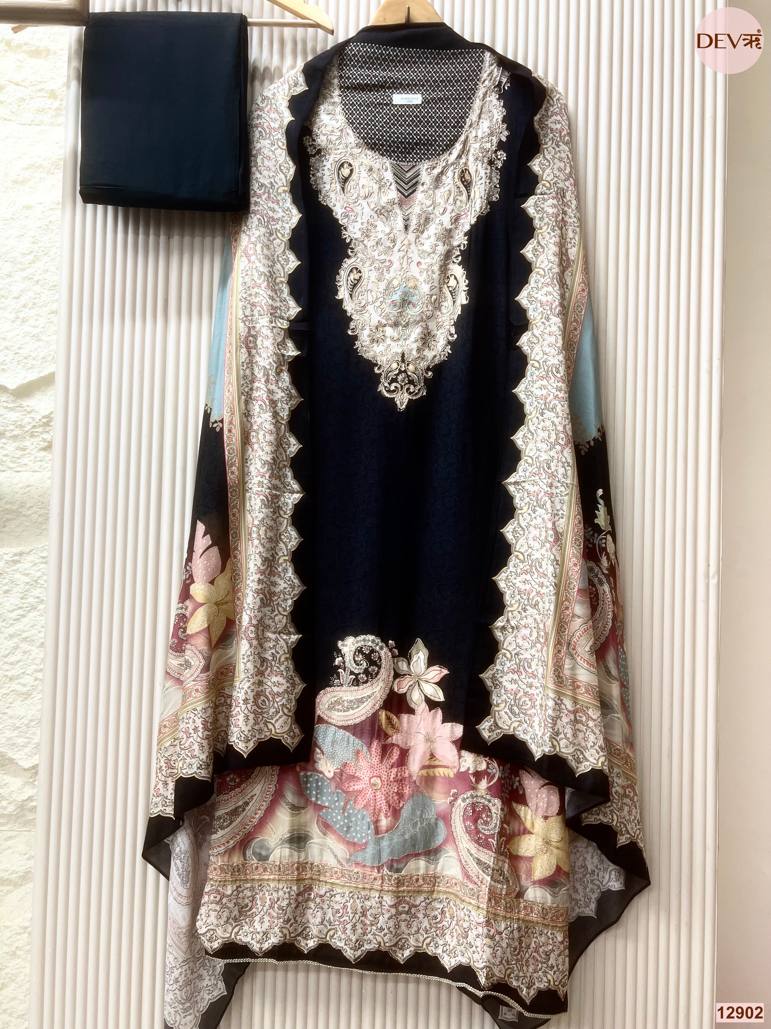 Navy Muslin Printed Unstitched 3-Piece Suit (Devri – D.No 12902)