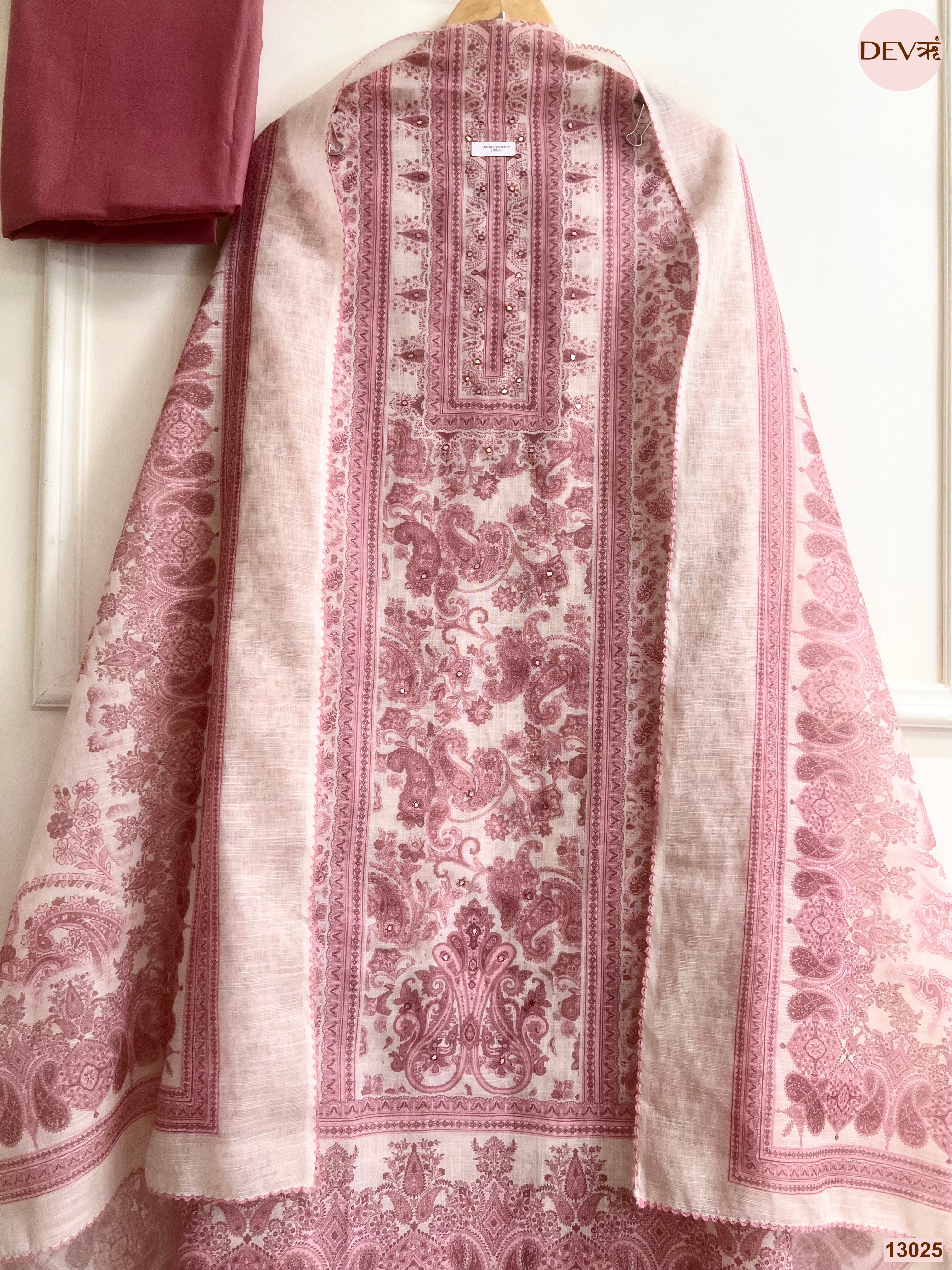 Pink Linen Printed Unstitched 3-Piece Suit (Devri – D.No 13025)