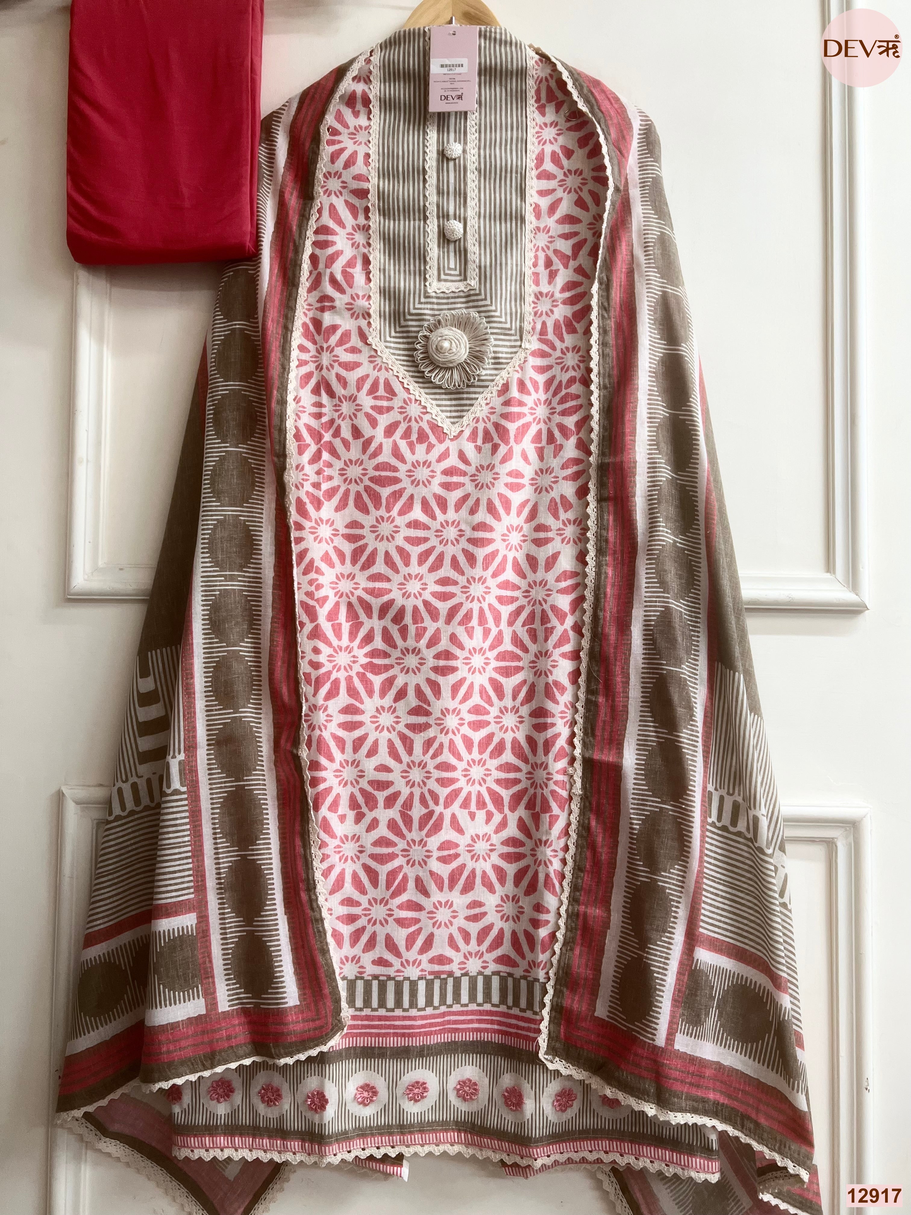 Pink Cotton Khadi Printed Unstitched 3-Piece Suit (Devri – D.No 12917)