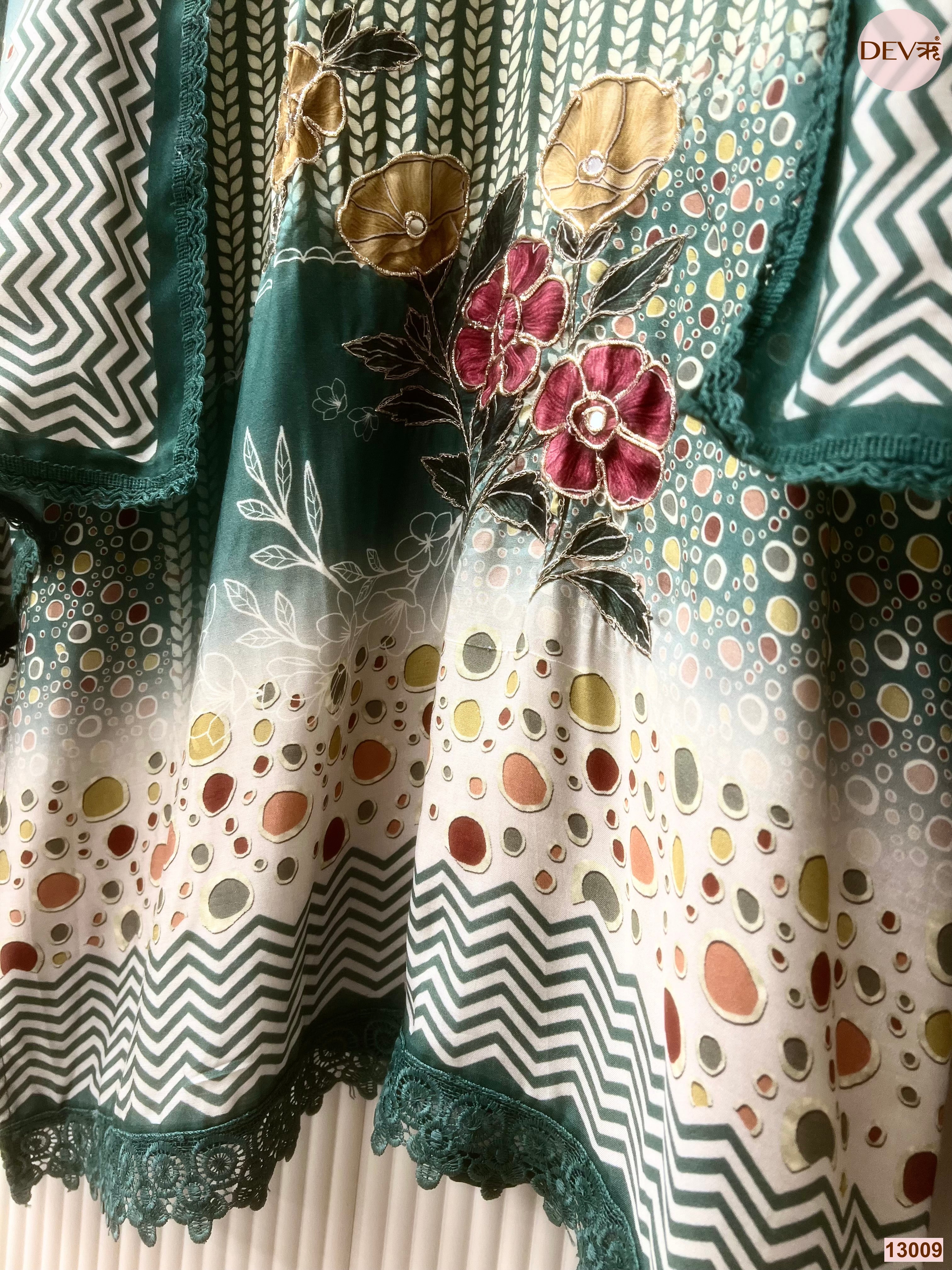 Green Muslin Printed Unstitched 3-Piece Suit (Devri – D.No 13009)