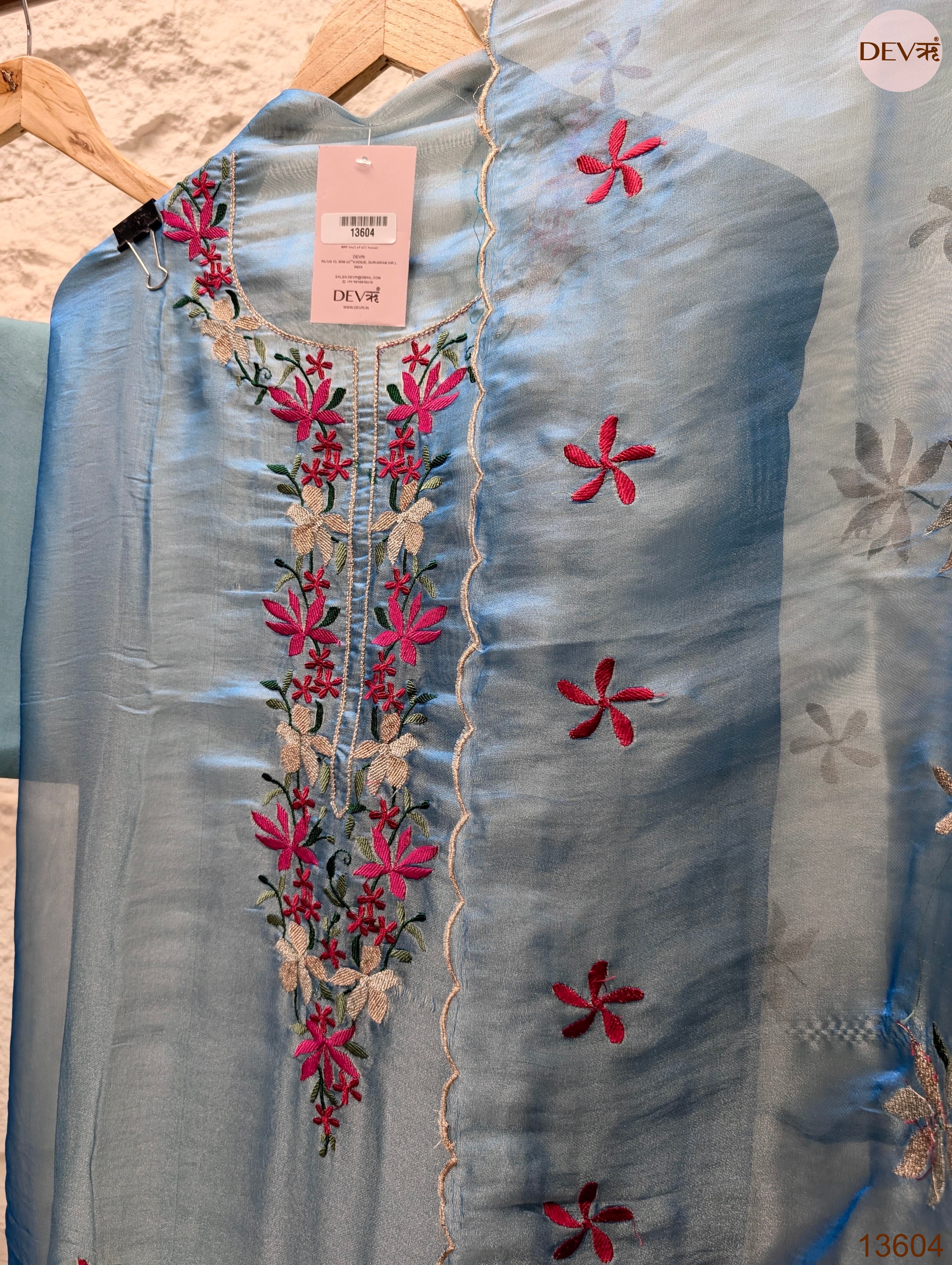 Blue Crush Tissue Silk Embroidered Unstitched 3-Piece Suit (Devri – D.No 13604)