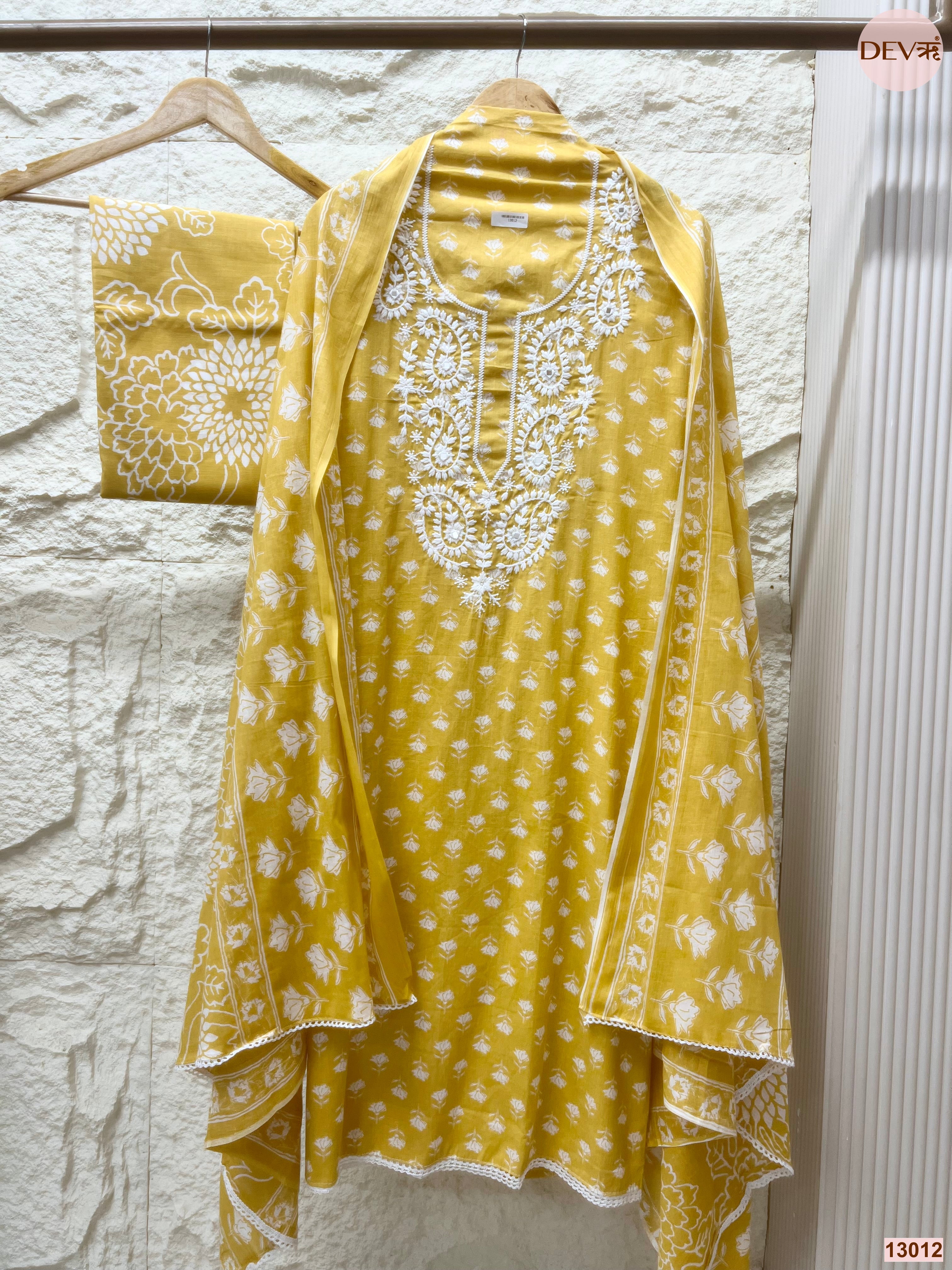 Mustard Cotton Embroidered Unstitched 3-Piece Suit (Devri – D.No 13012)