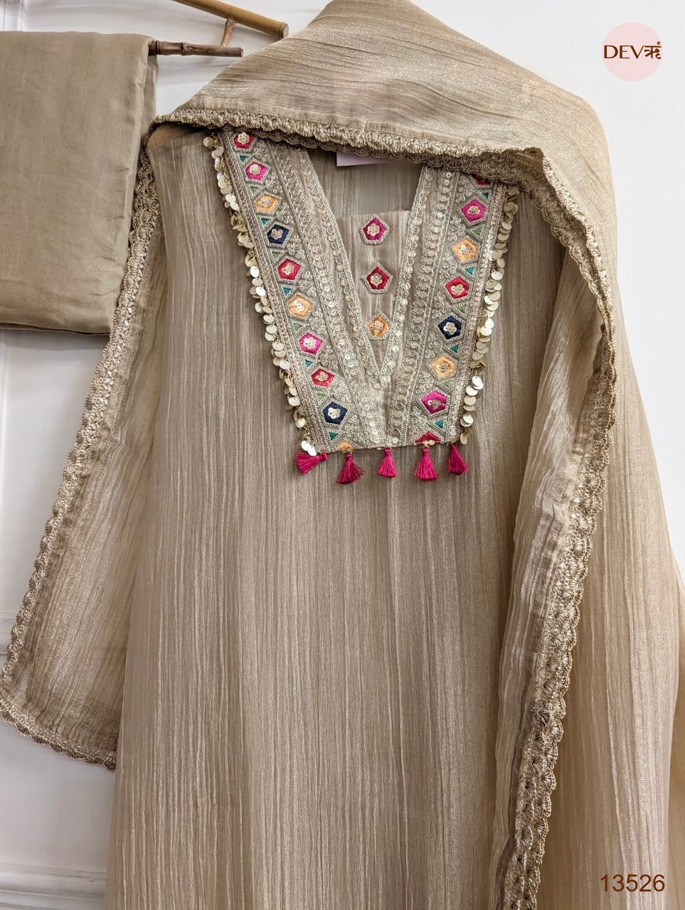 Beige Tissue Crush silk Embroidered Unstitched 3-Piece Suit (Devri – D.No 13526)