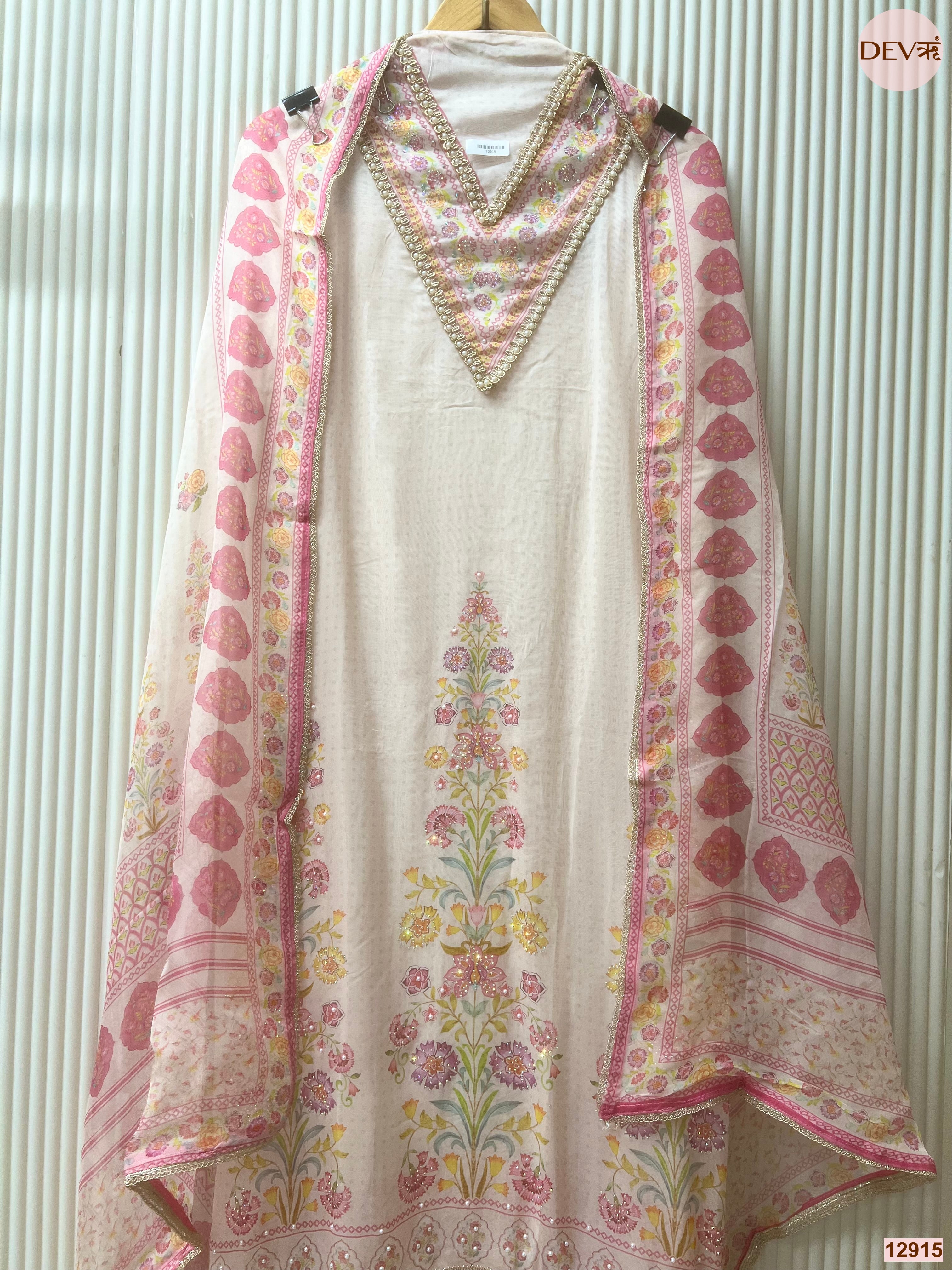 Pink Organza Printed Unstitched 3-Piece Suit (Devri – D.No 12915)