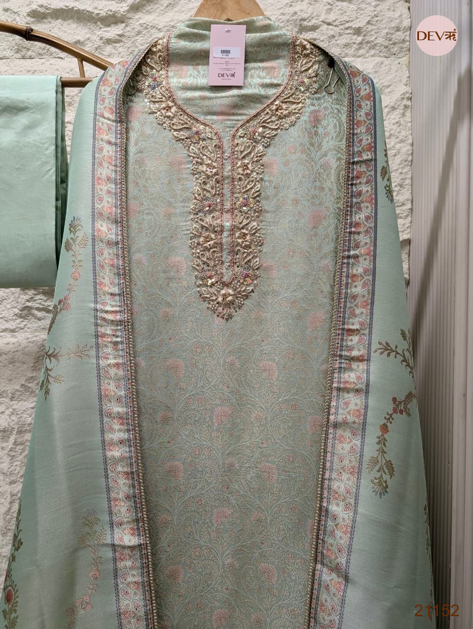 Mint Pure Banarasi Woven Silk Embroidered Unstitched 3-Piece Suit (Devri – D.No 21152)