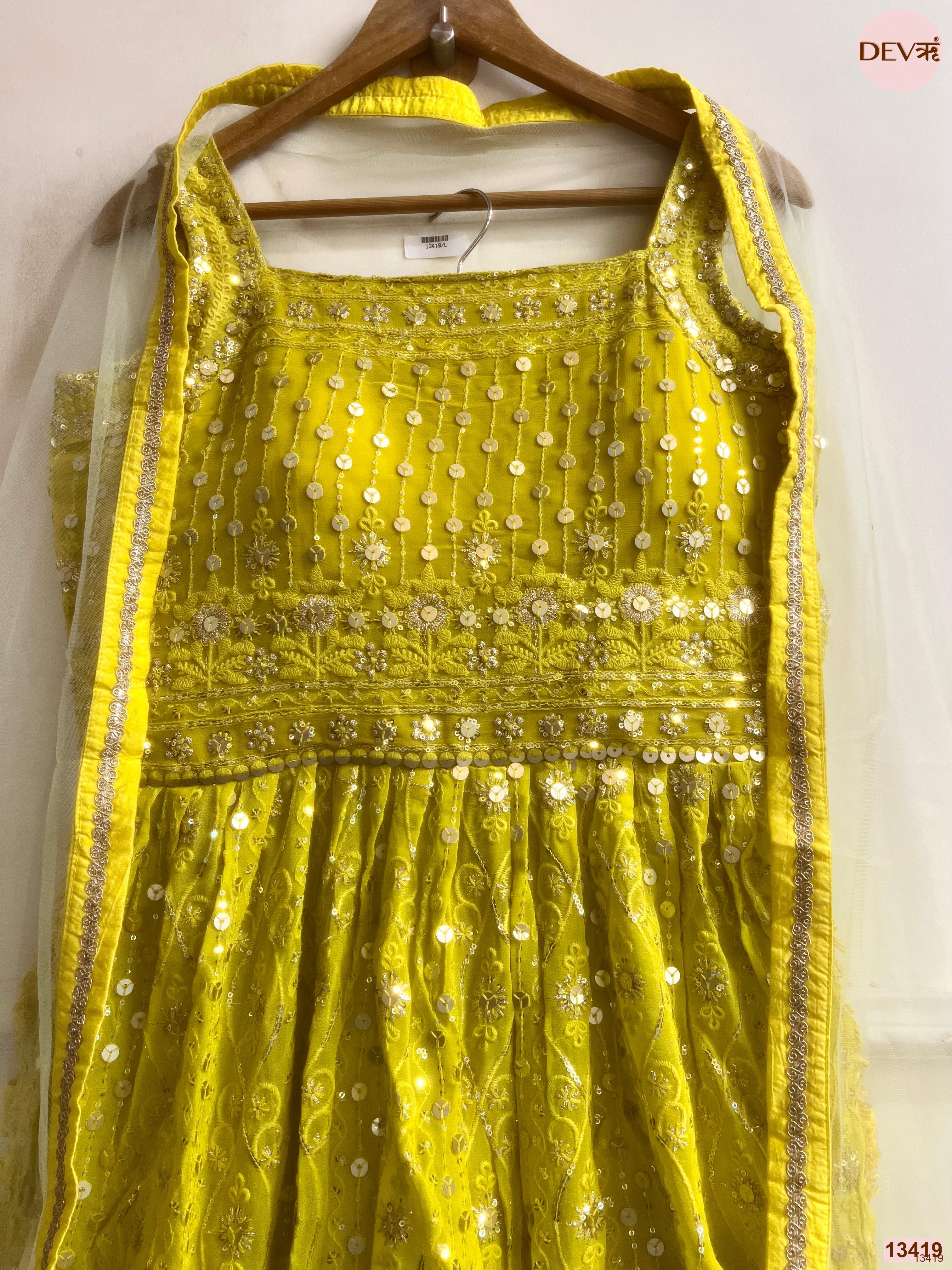 Gulnaar Georgete Embroidered Lime Green 3-Piece Set (Devri – D.No 13419)