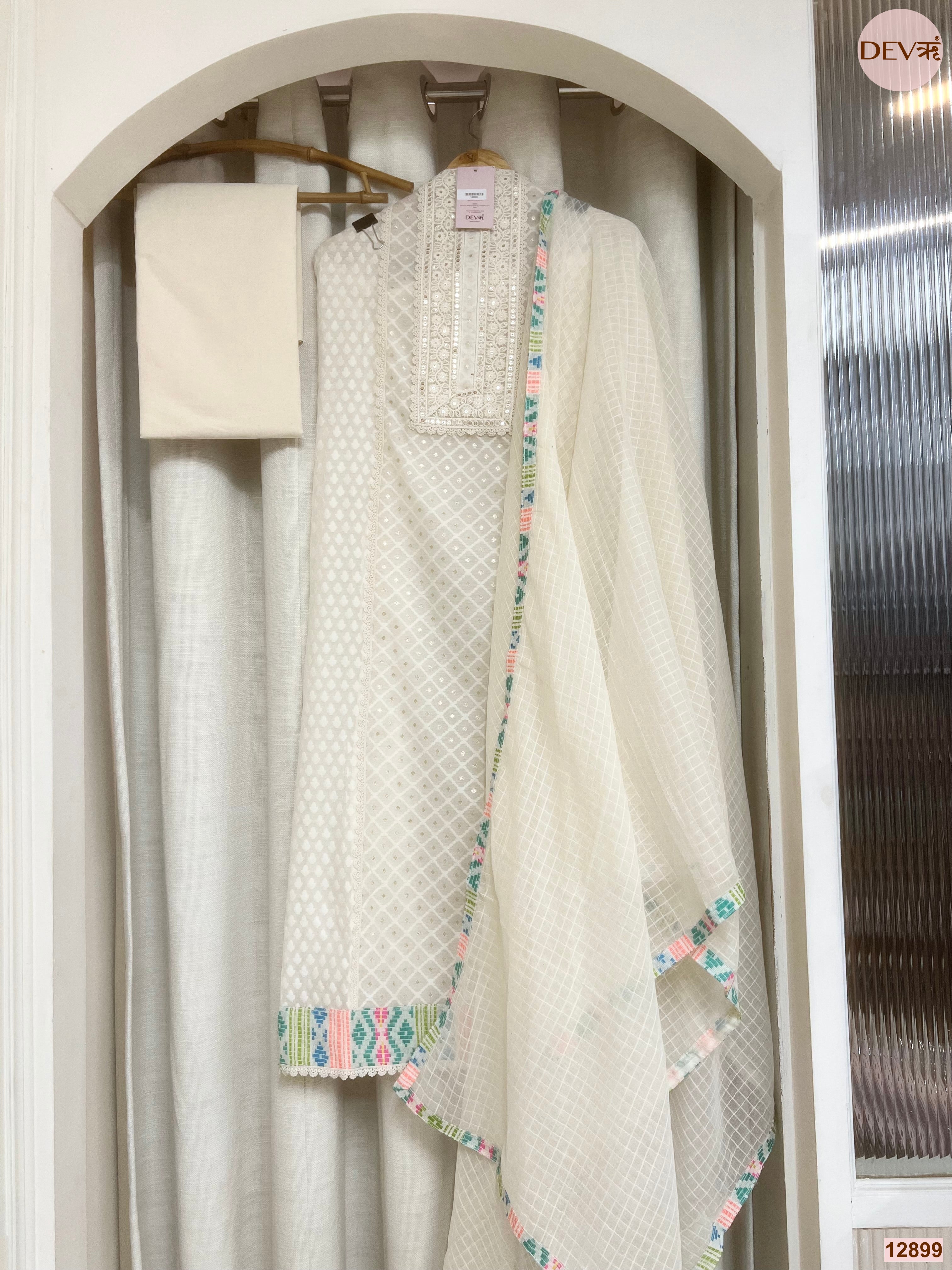 Off White Mul Chanderi Embroidered Unstitched 3-Piece Suit (Devri – D.No 12899)