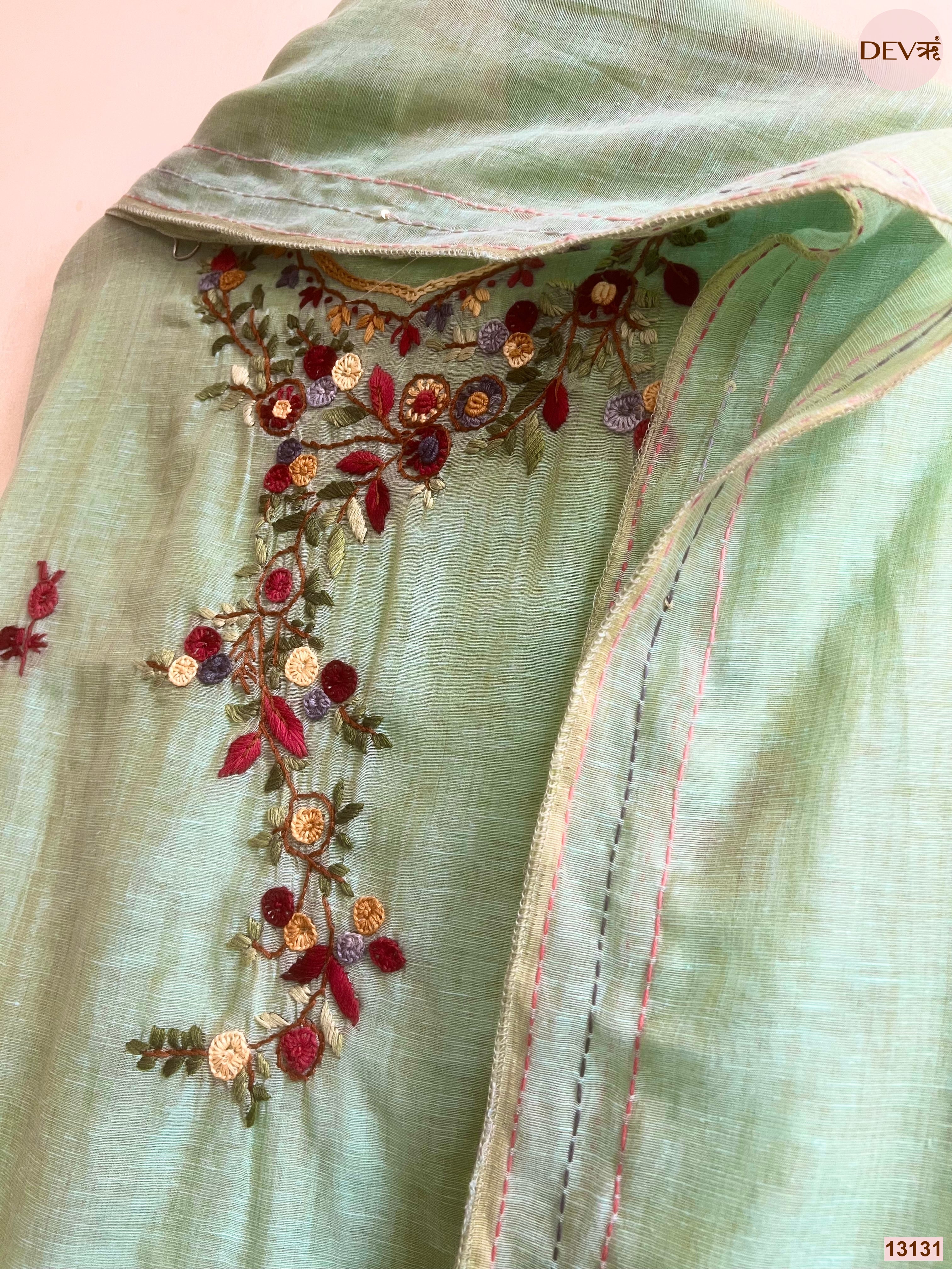 Mint Jamdani Cotton Embroidered Unstitched 3-Piece Suit (Devri – D.No 13131)